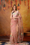 Hand Printed Beige Organza Saree