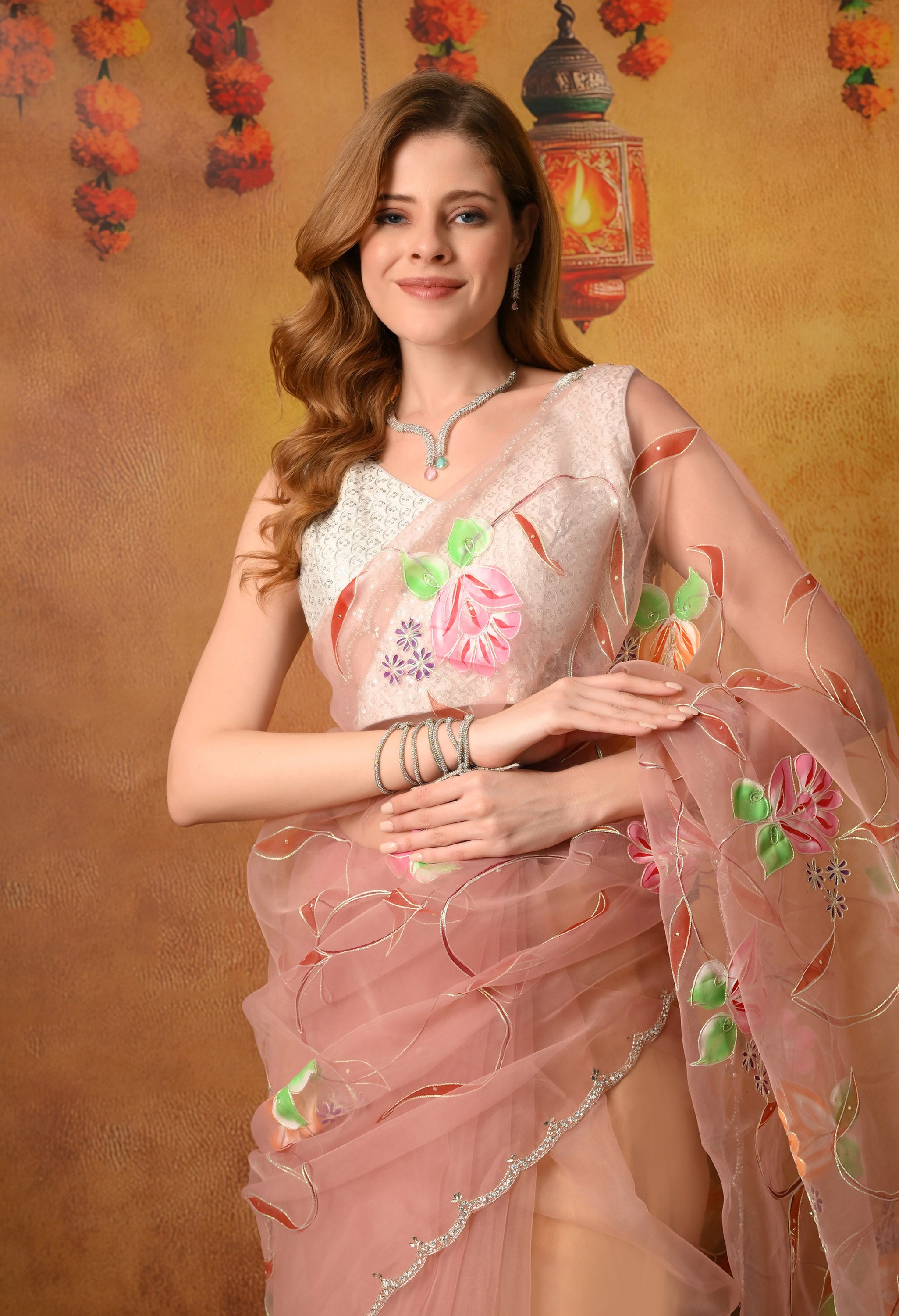 Hand Printed Beige Organza Saree