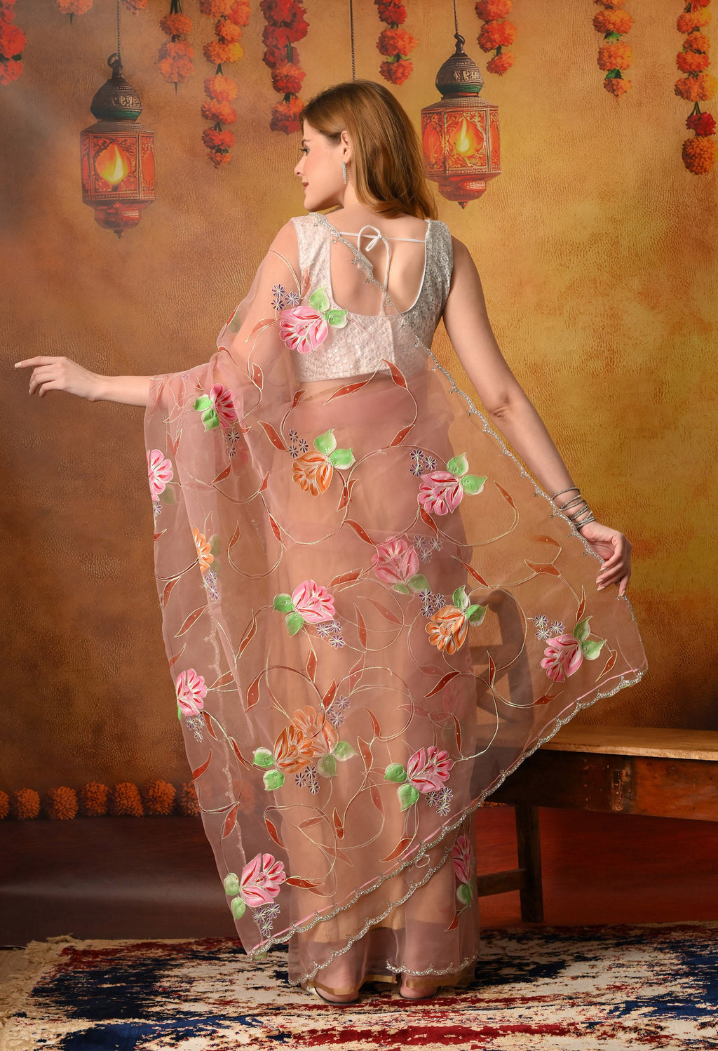 Hand Printed Beige Organza Saree