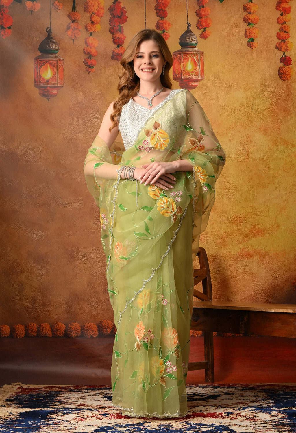Hand Printed Green Organza Saree