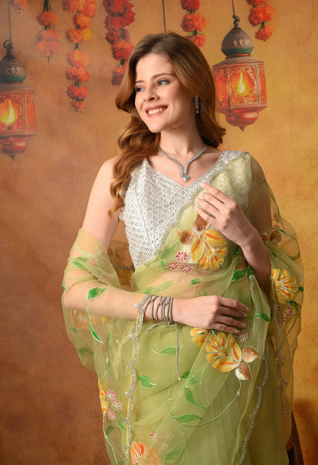 Hand Printed Green Organza Saree