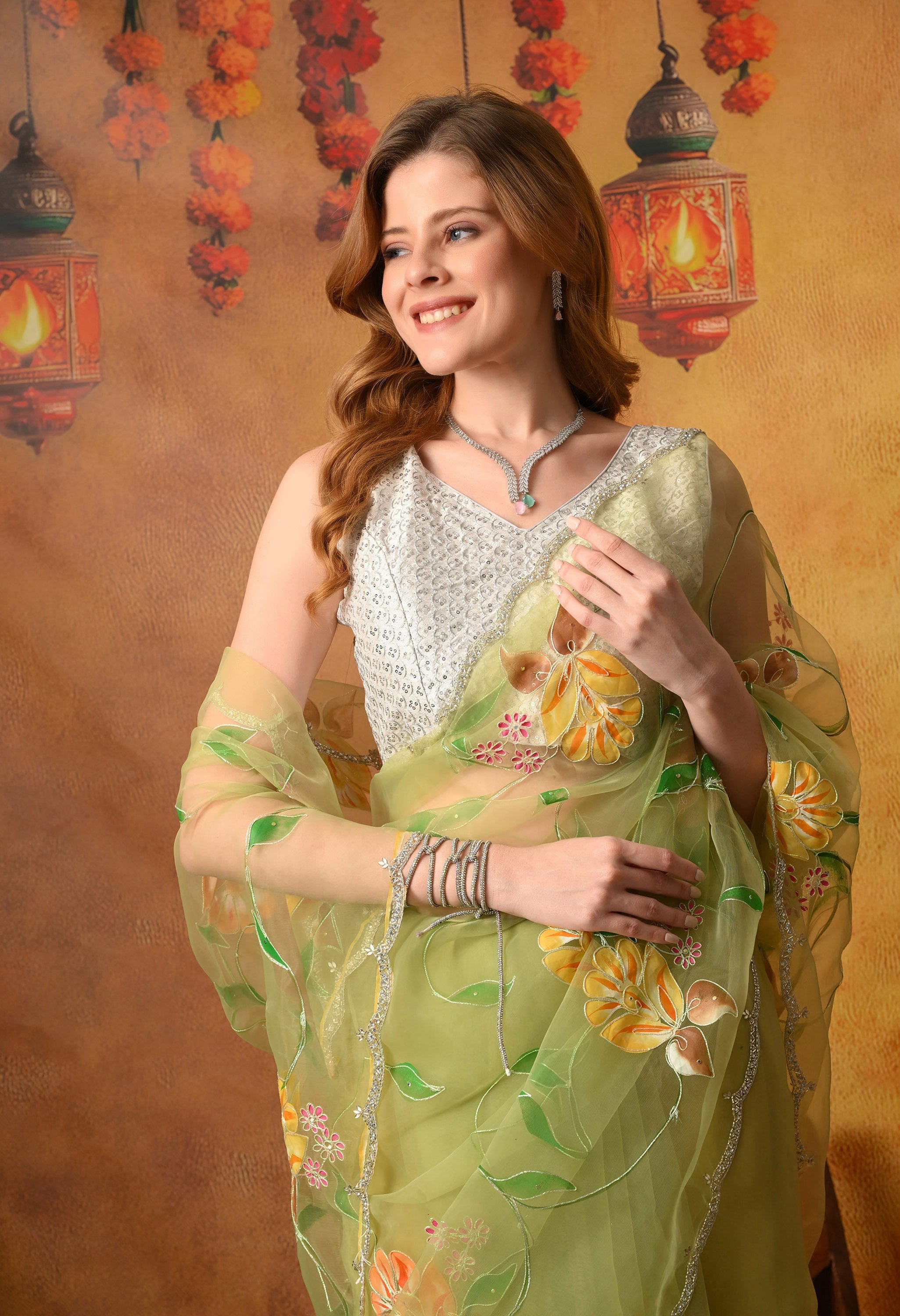 Hand Printed Green Organza Saree