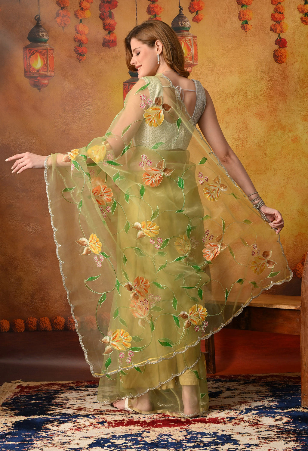 Hand Printed Green Organza Saree