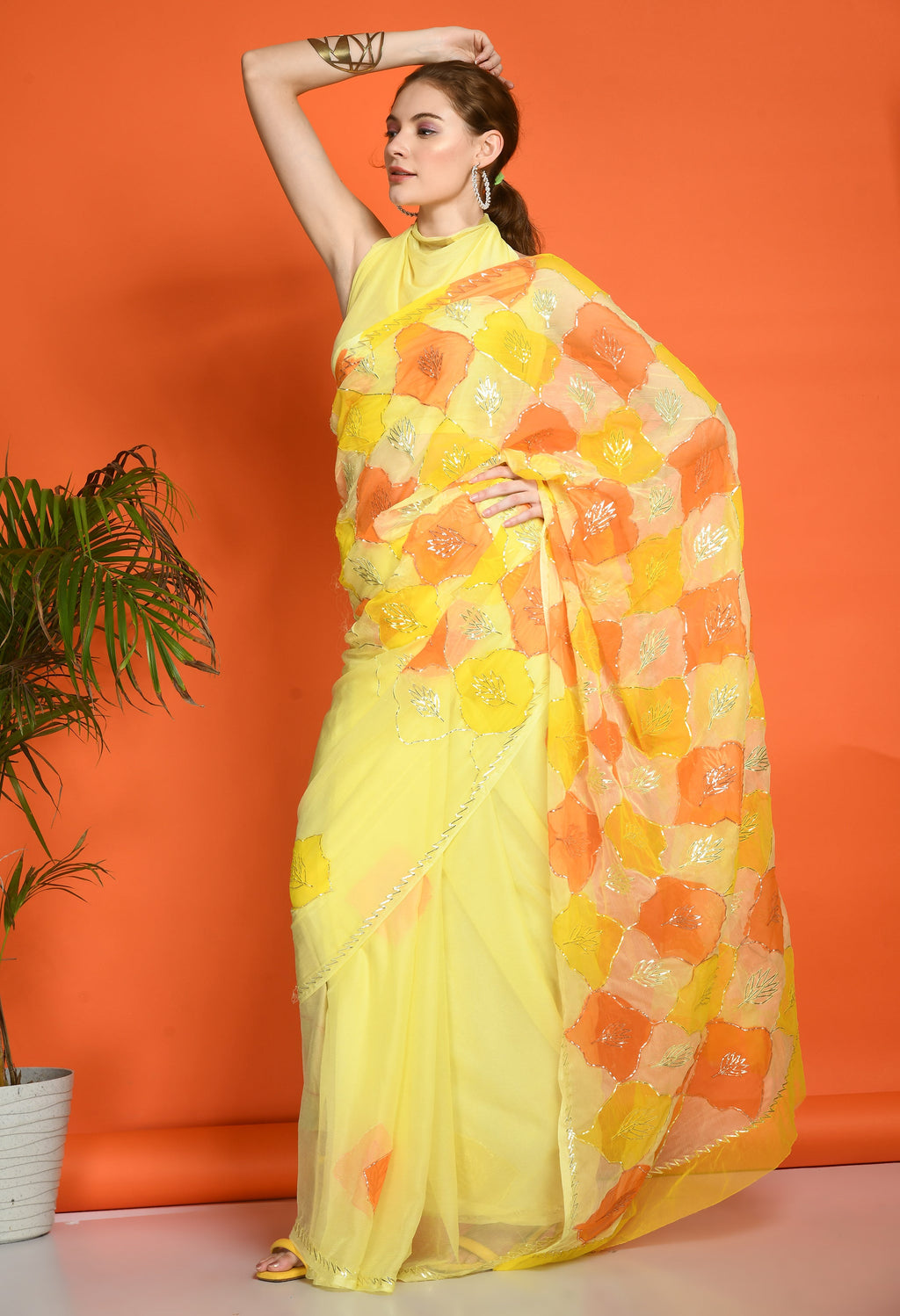Sun Dew Hand Painted Gotta Chiffon saree design showcasing festive wear elegance, styled as casual saree, party wear saree, and timeless trousseau saree.