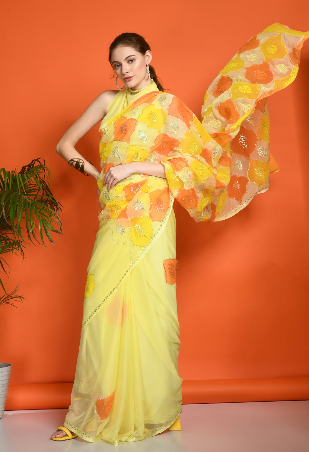 Sun Dew Hand Painted Gotta Chiffon saree design showcasing festive wear elegance, styled as casual saree, party wear saree, and timeless trousseau saree.