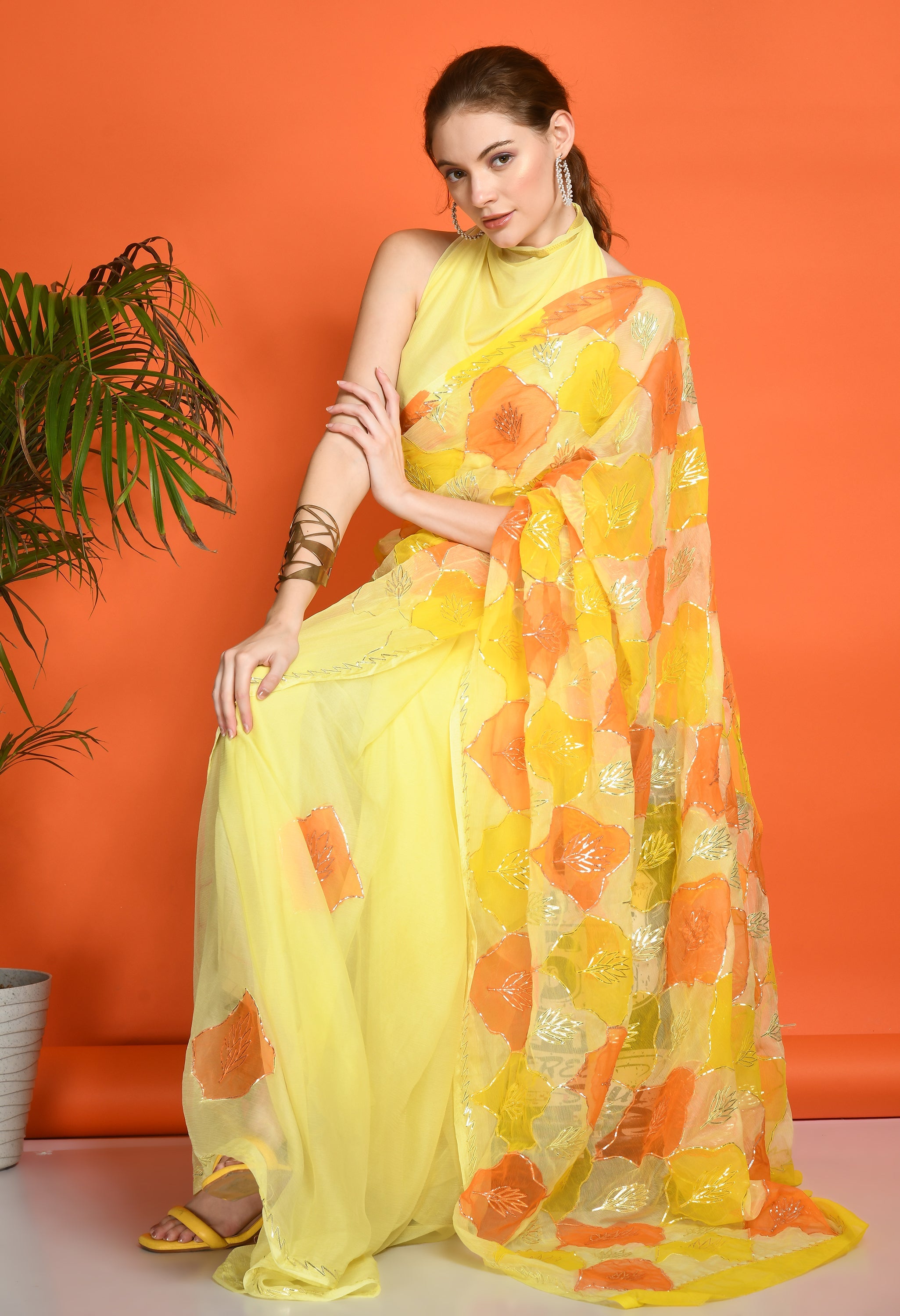Sun Dew Hand Painted Gotta Chiffon saree design showcasing festive wear elegance, styled as casual saree, party wear saree, and timeless trousseau saree.