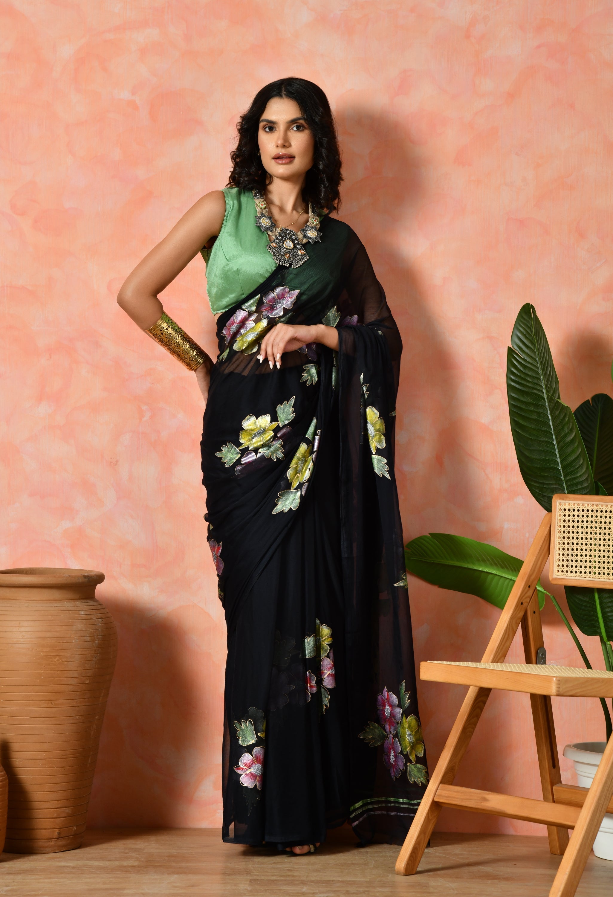Smokey Black Hand Painted Chiffon Saree
