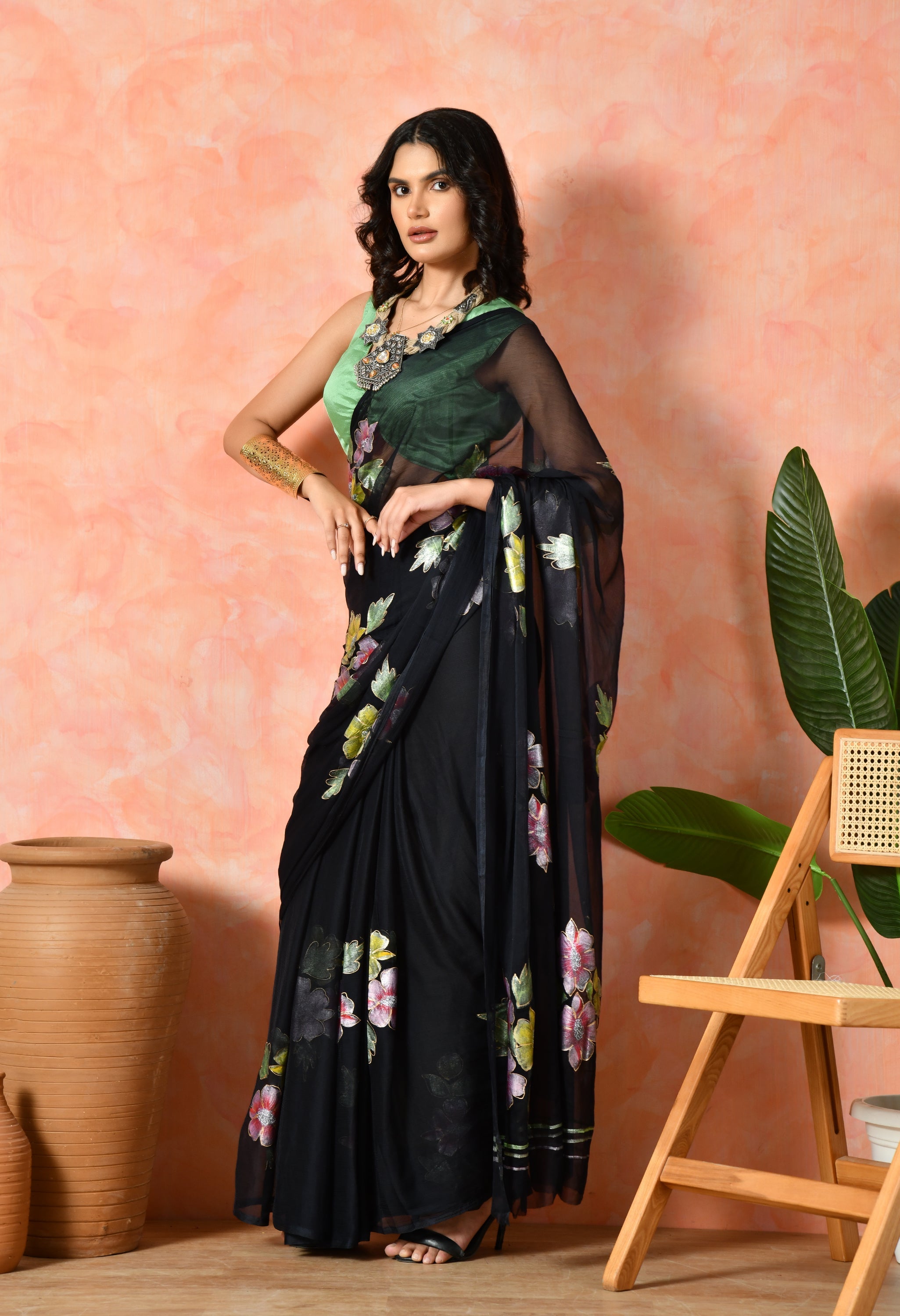 Smokey Black Hand Painted Chiffon Saree