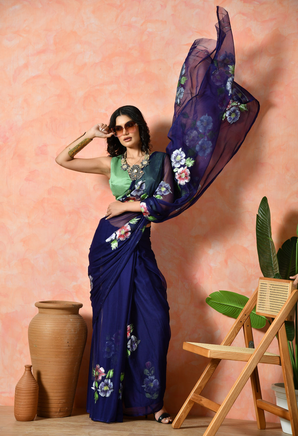 Navy Blue Festive chiffon saree with intricate detailing, ideal for pre-wedding collection, party wear saree, and elegant trousseau styling.