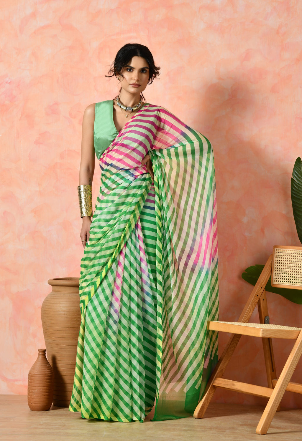 Fern Green Tie & Dye Leheriya Chiffon Saree