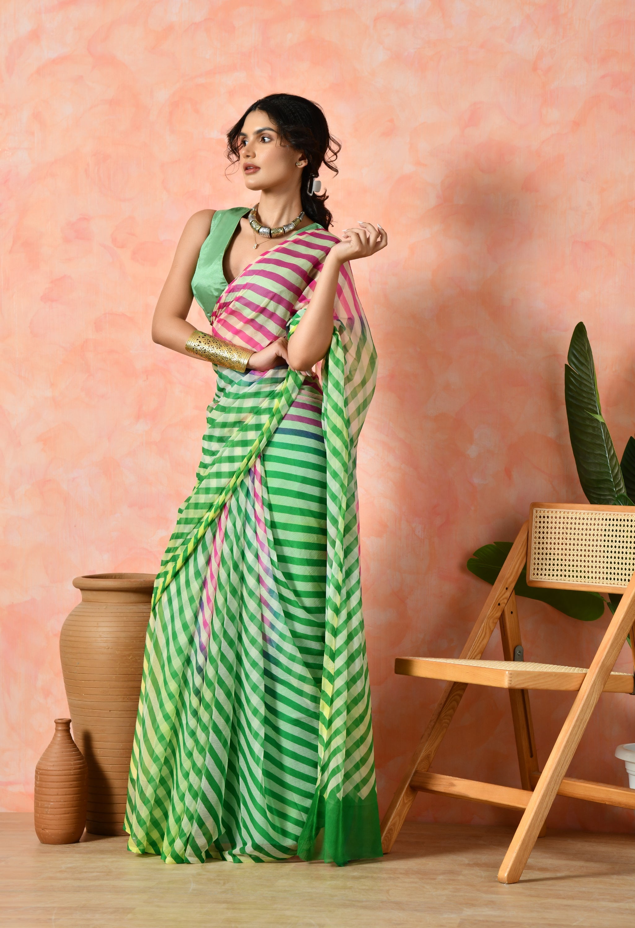 Fern Green Tie & Dye Leheriya Chiffon Saree