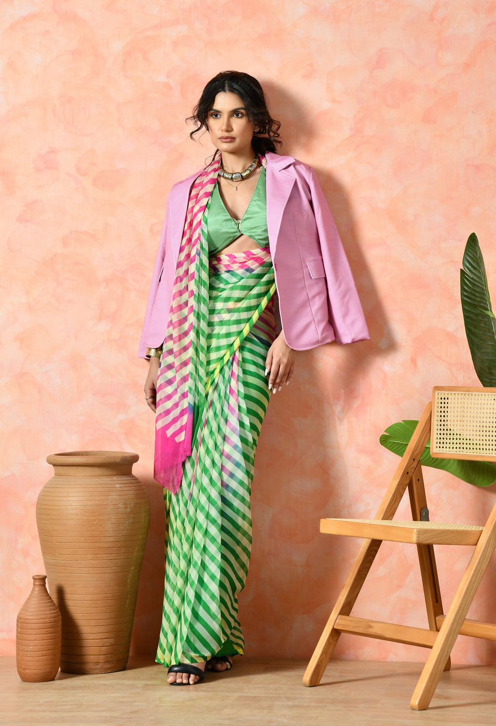 Vibrant chiffon green pink leheriya saree from pre-wedding collection, perfect for festive wear, trousseau saree, party wear saree styling.