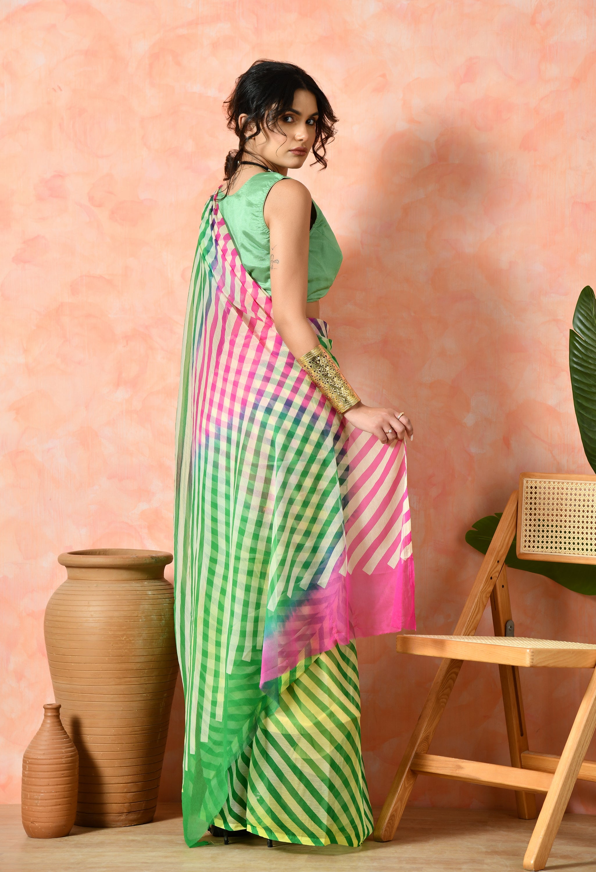 Fern Green Tie & Dye Leheriya Chiffon Saree