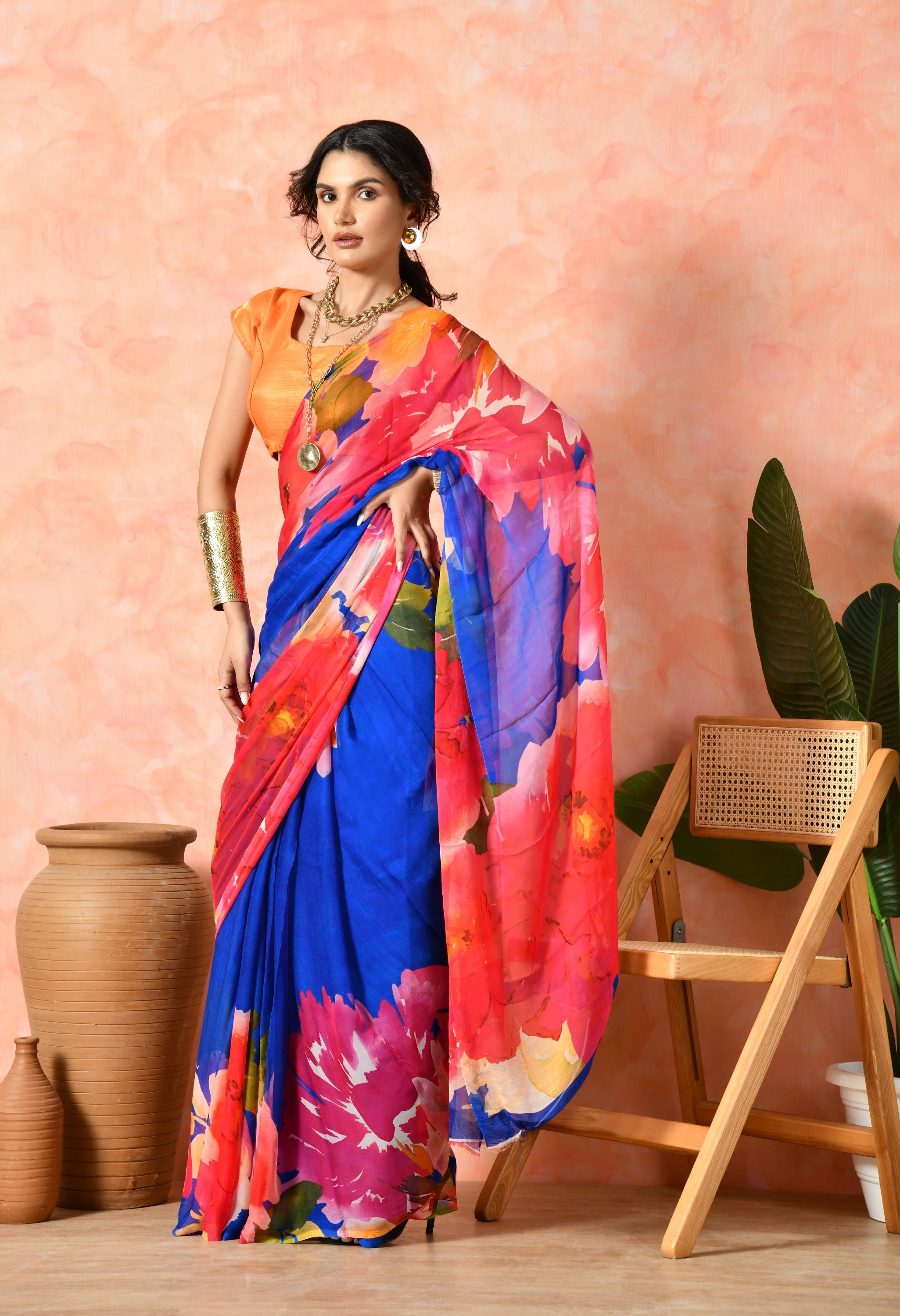 Alice Blue Printed Pure Chiffon Saree