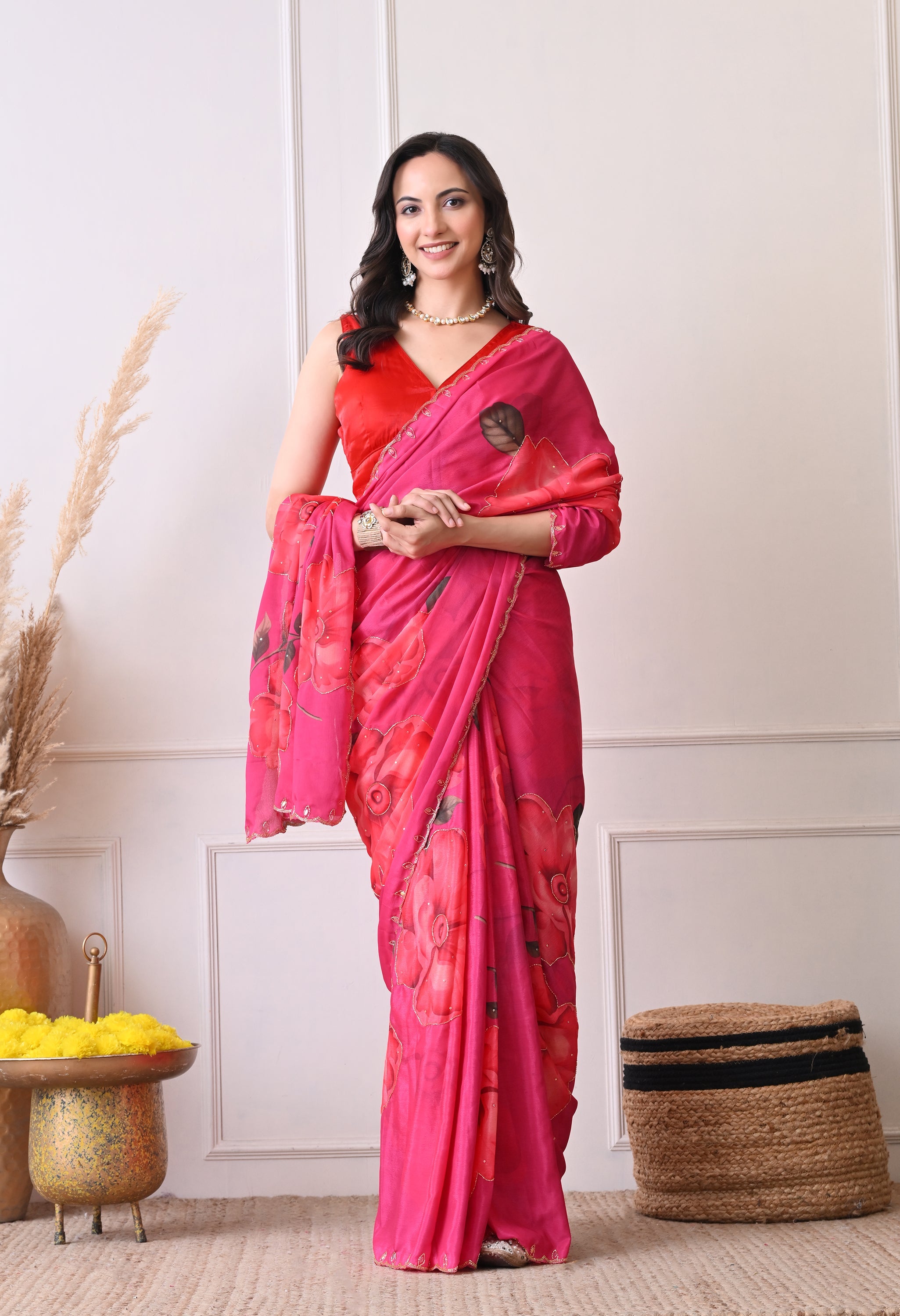 Digital Printed Pink Georgette Saree