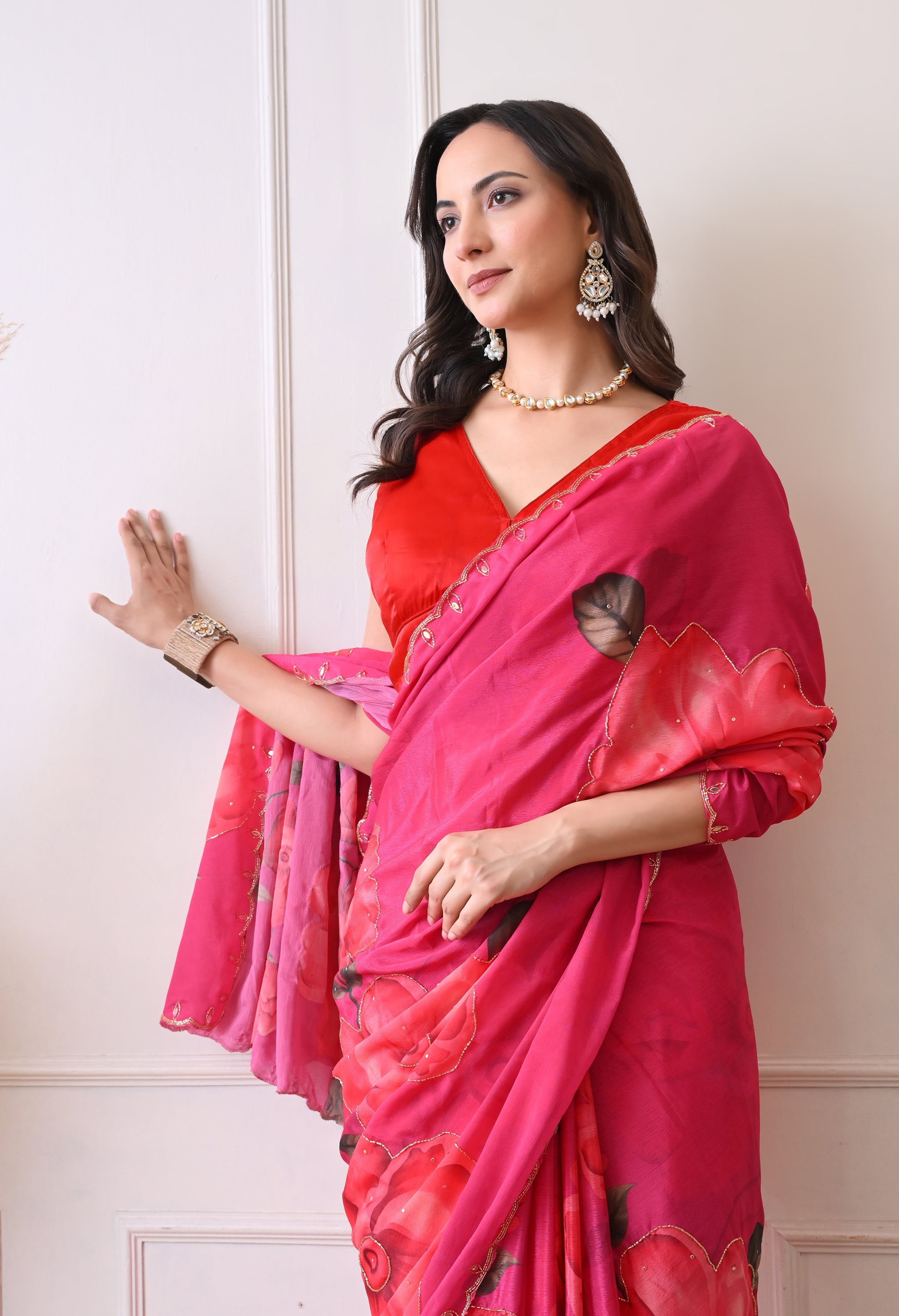 Digital Printed Pink Georgette Saree