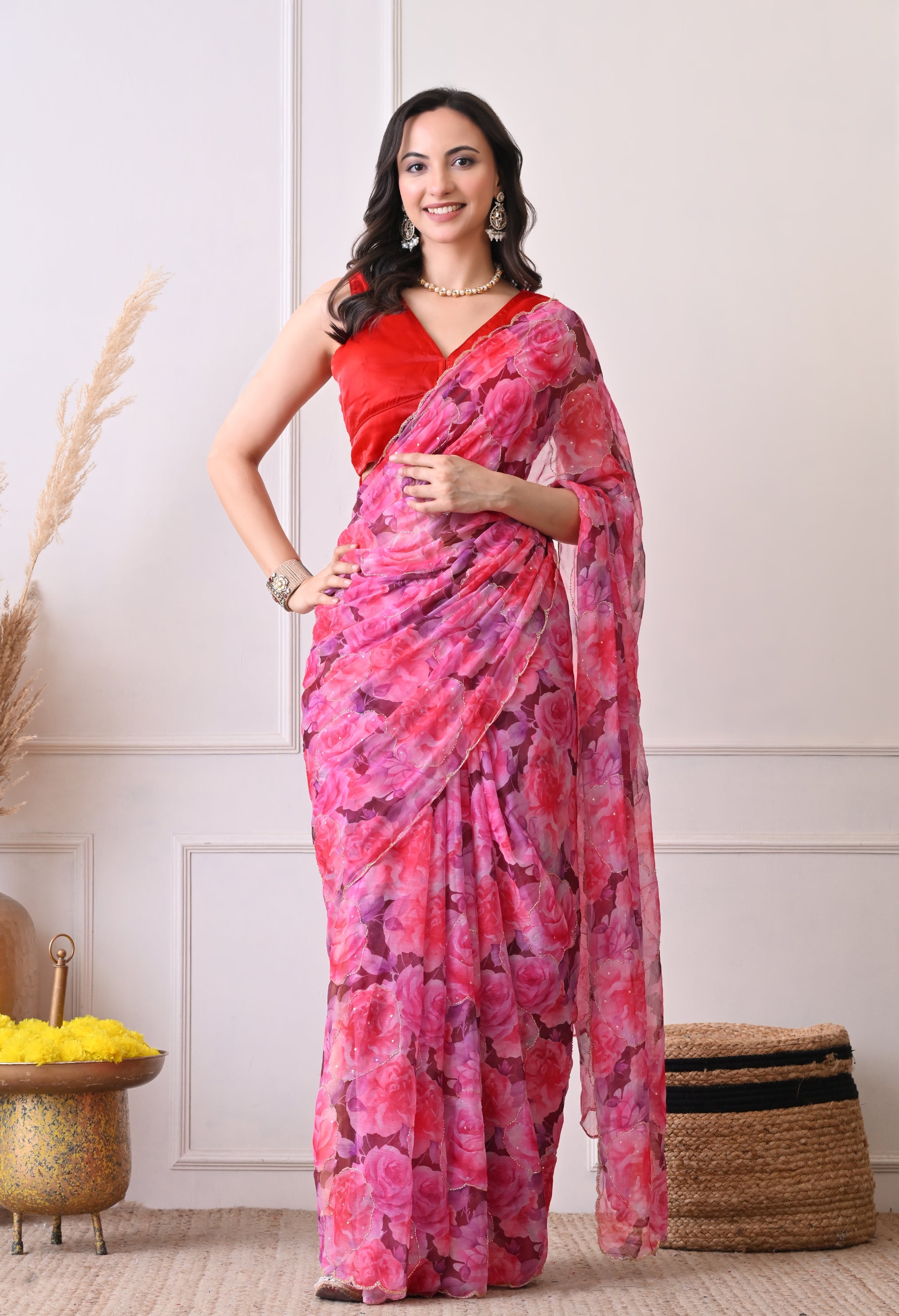 Digital Printed Pink Chiffon Saree