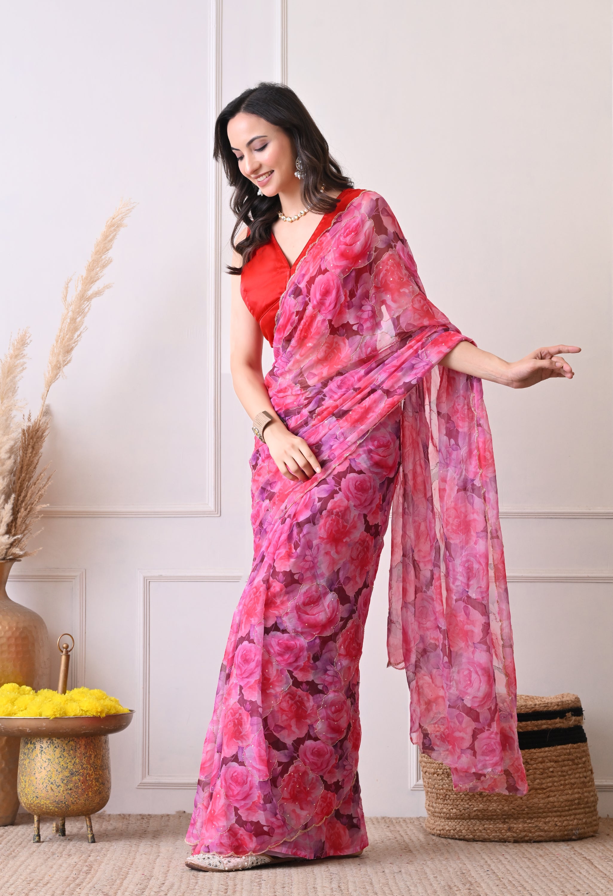Digital Printed Pink Chiffon Saree