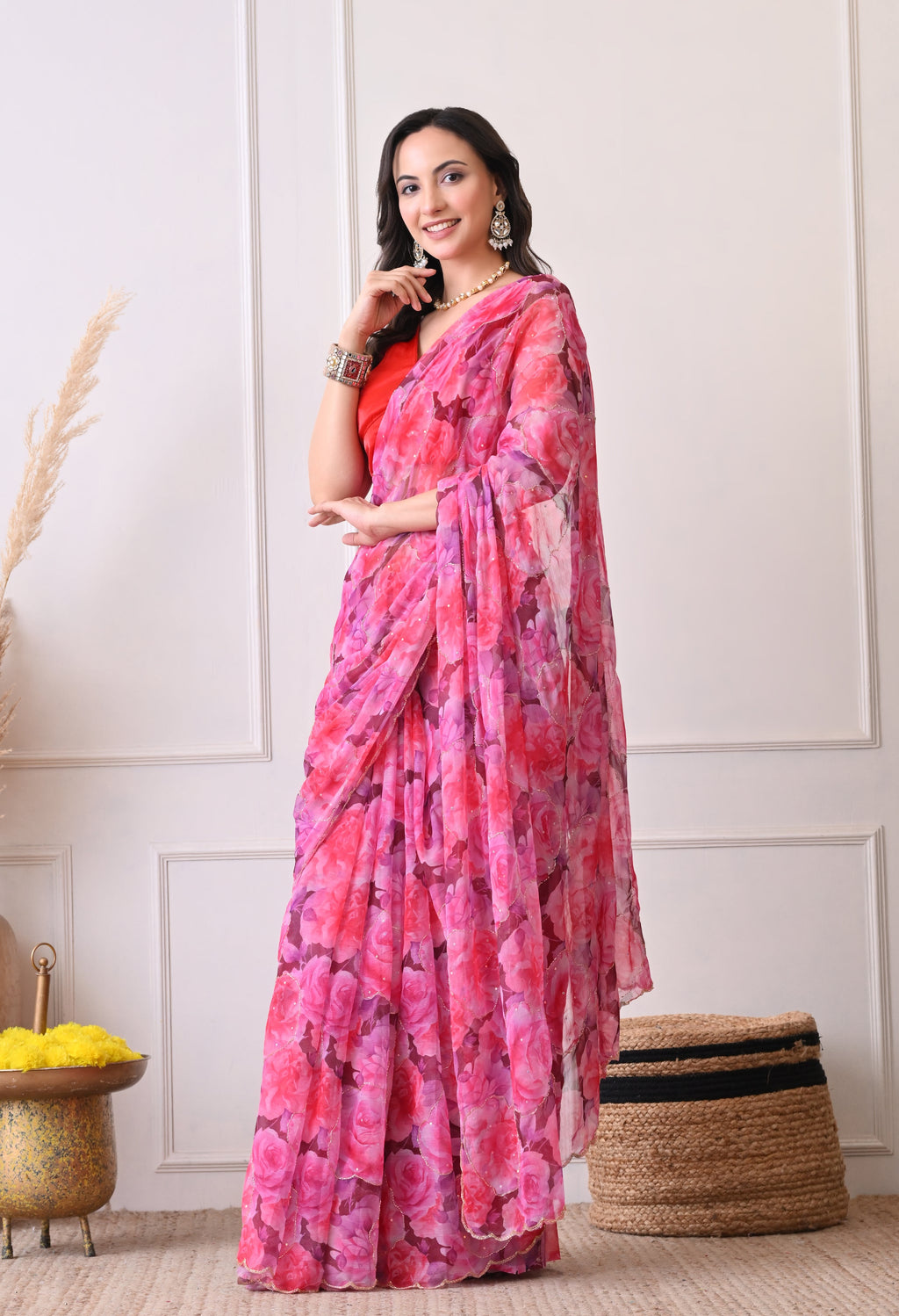 Digital Printed Pink Chiffon Saree