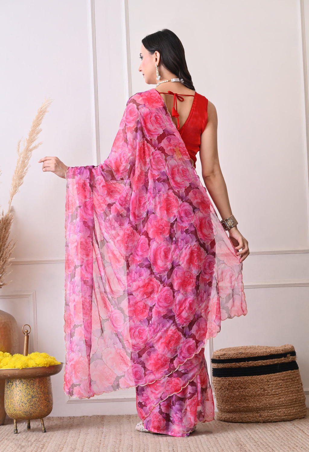 Digital Printed Pink Chiffon Saree