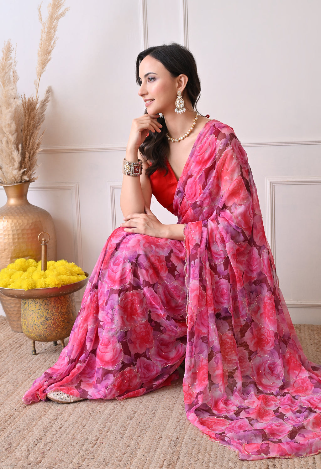 Digital Printed Pink Chiffon Saree