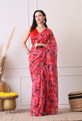 Digital Printed Red Chiffon Saree