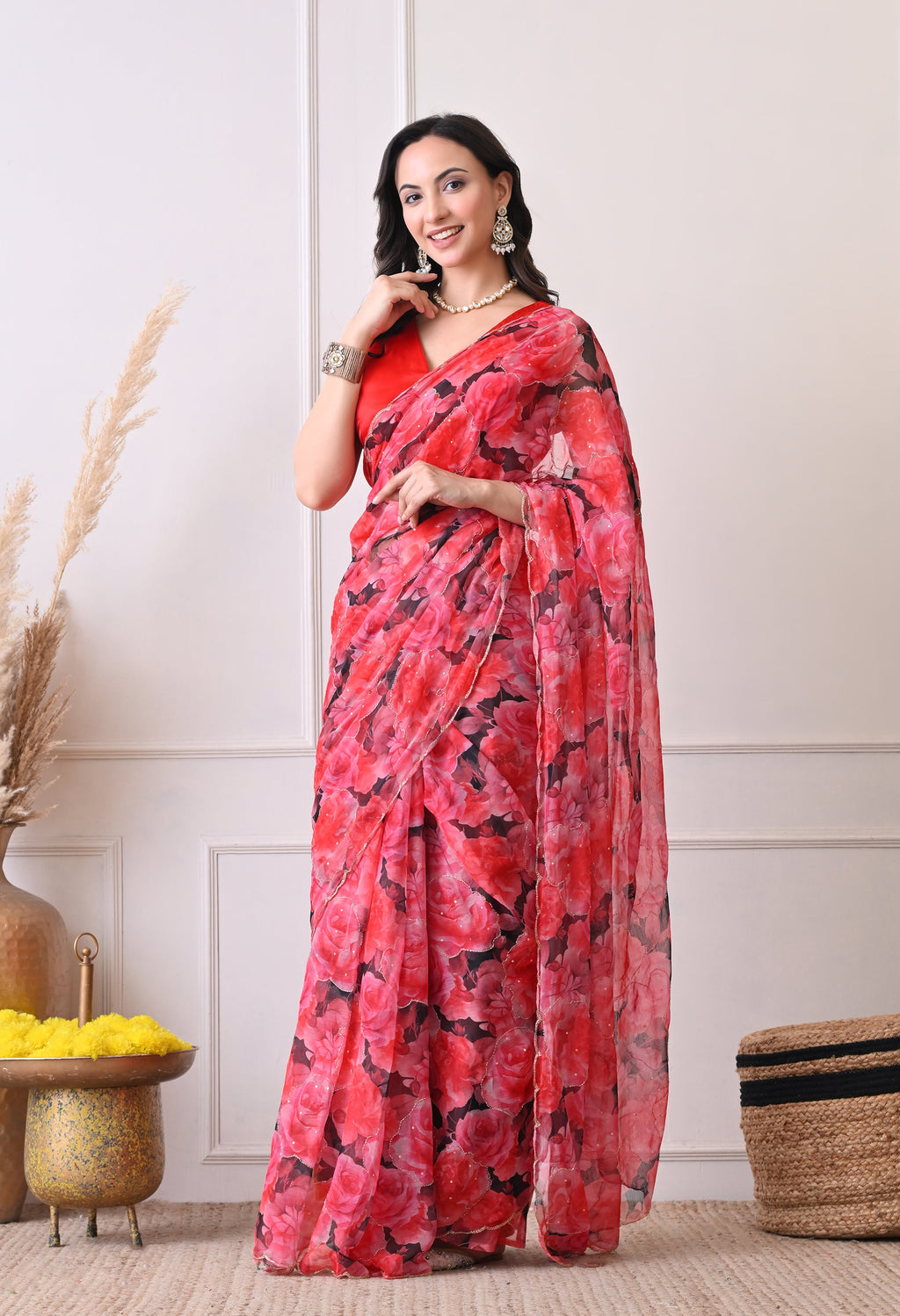 Digital Printed Red Chiffon Saree