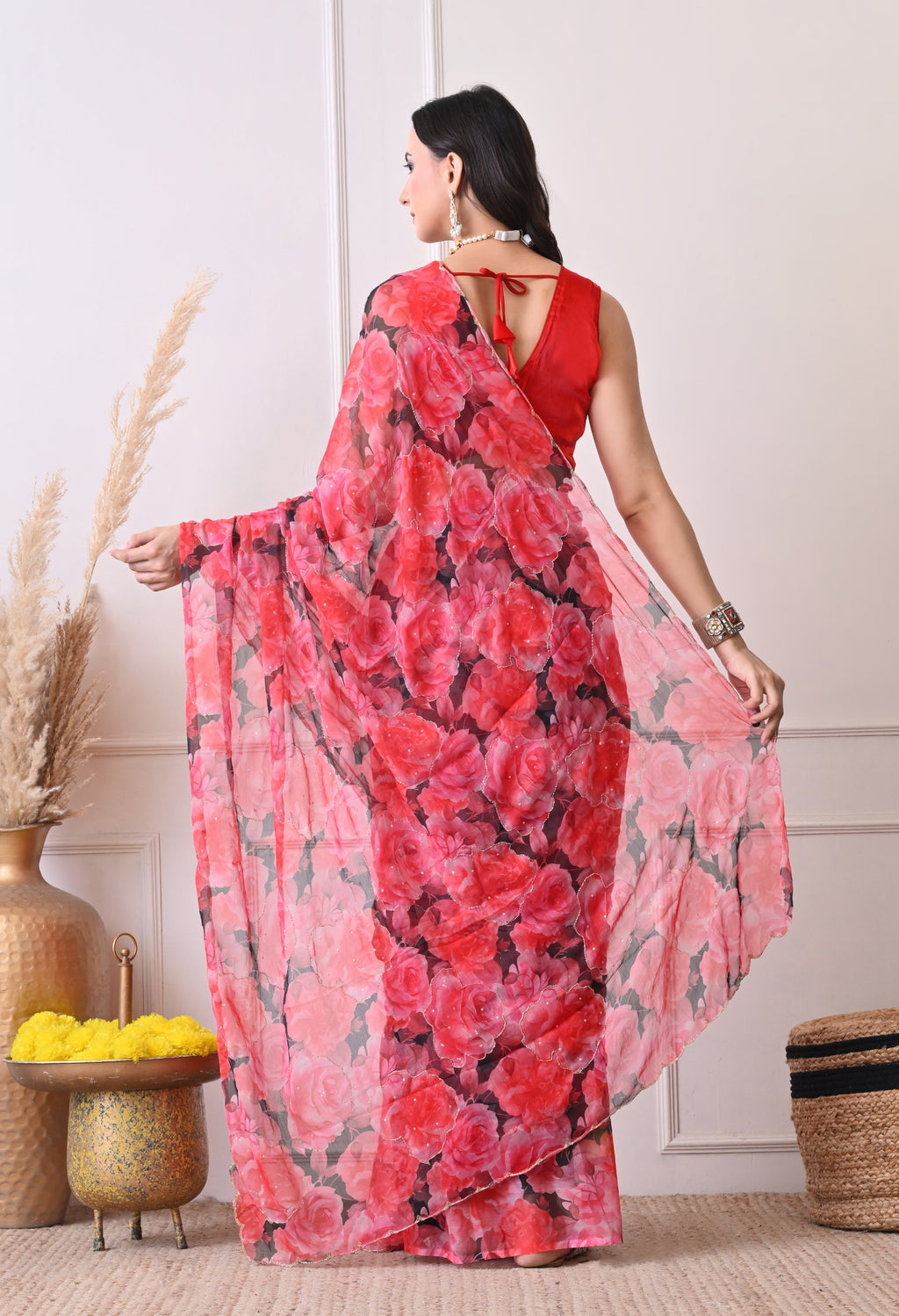 Digital Printed Red Chiffon Saree
