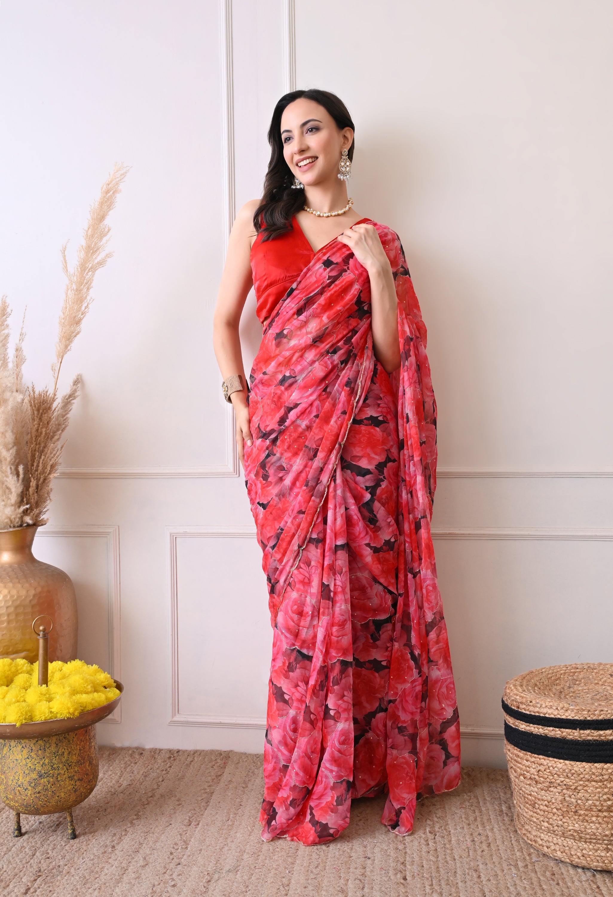Digital Printed Red Chiffon Saree