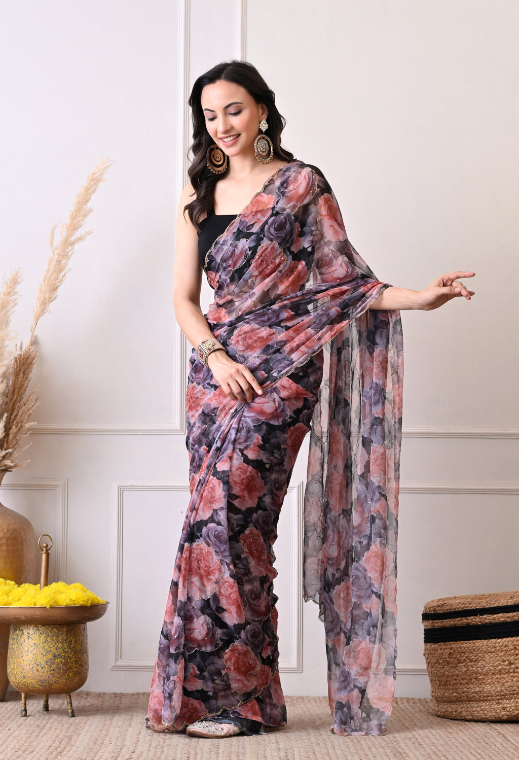 Digital Printed Black Chiffon Saree