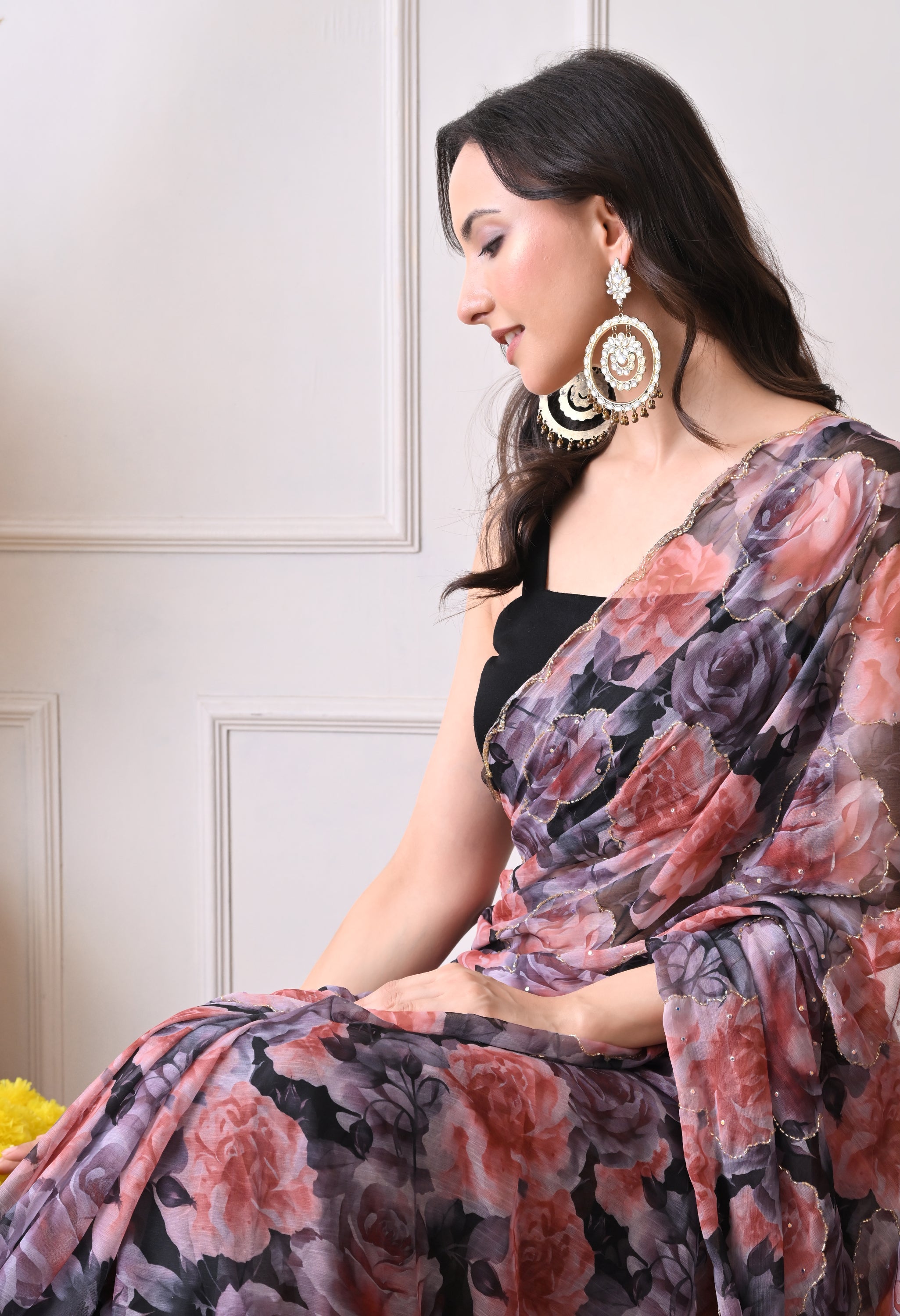 Digital Printed Black Chiffon Saree
