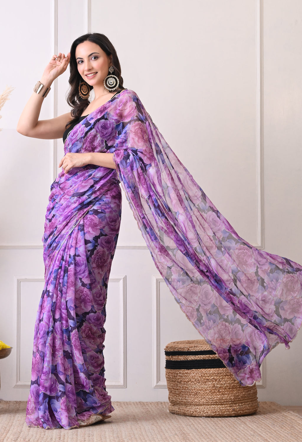 Digital Printed Purple Chiffon Saree