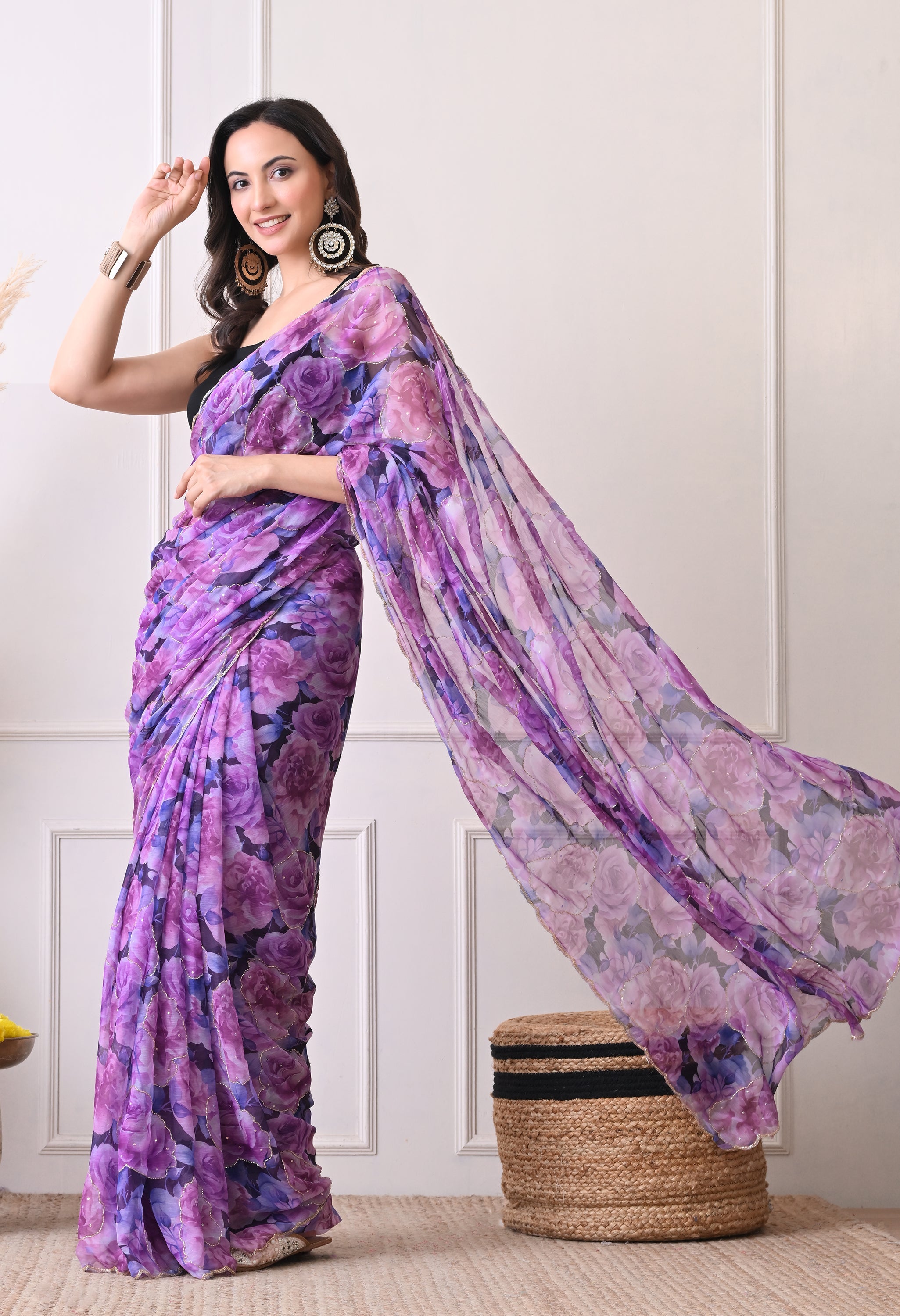 Digital Printed Purple Chiffon Saree