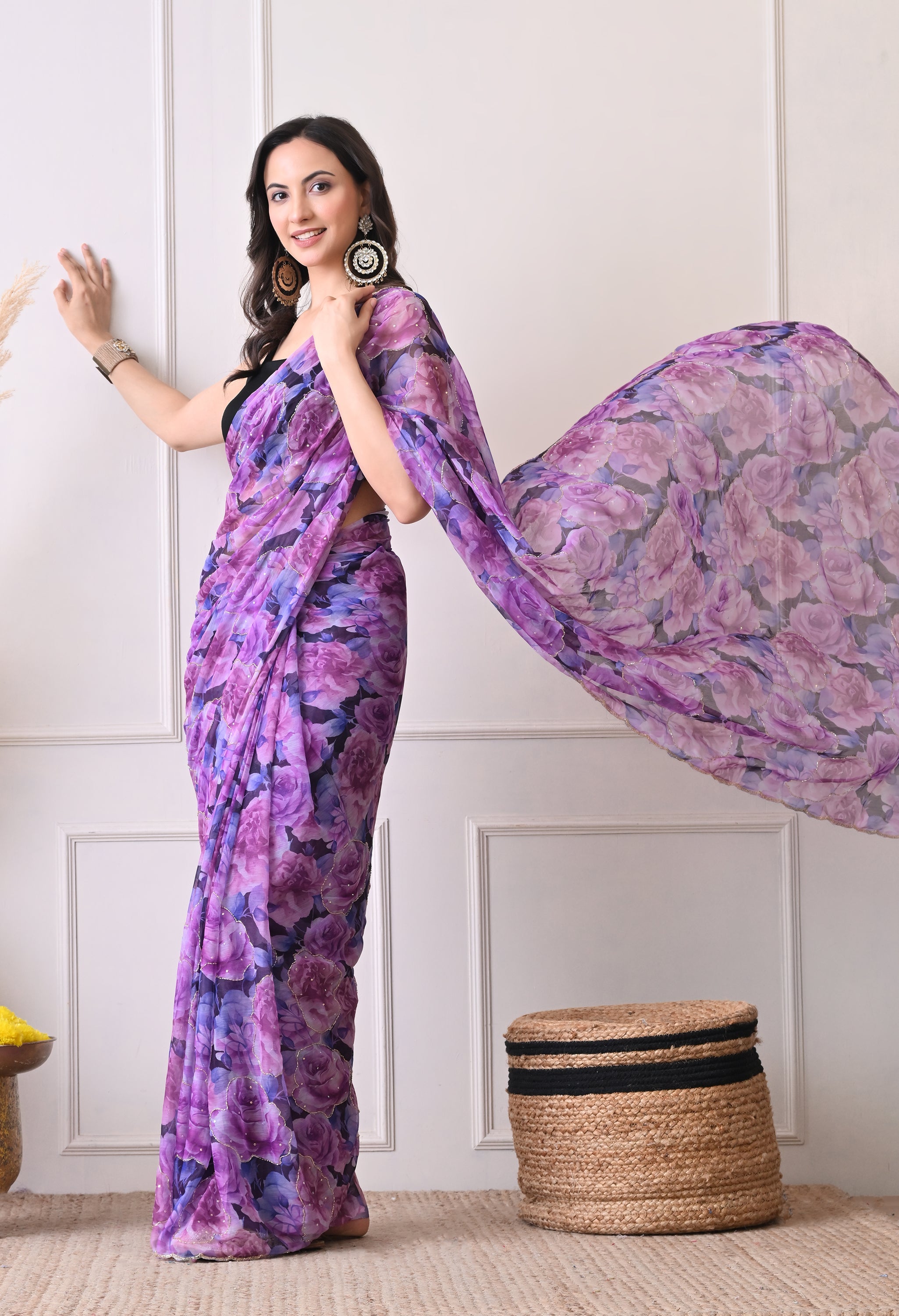 Digital Printed Purple Chiffon Saree