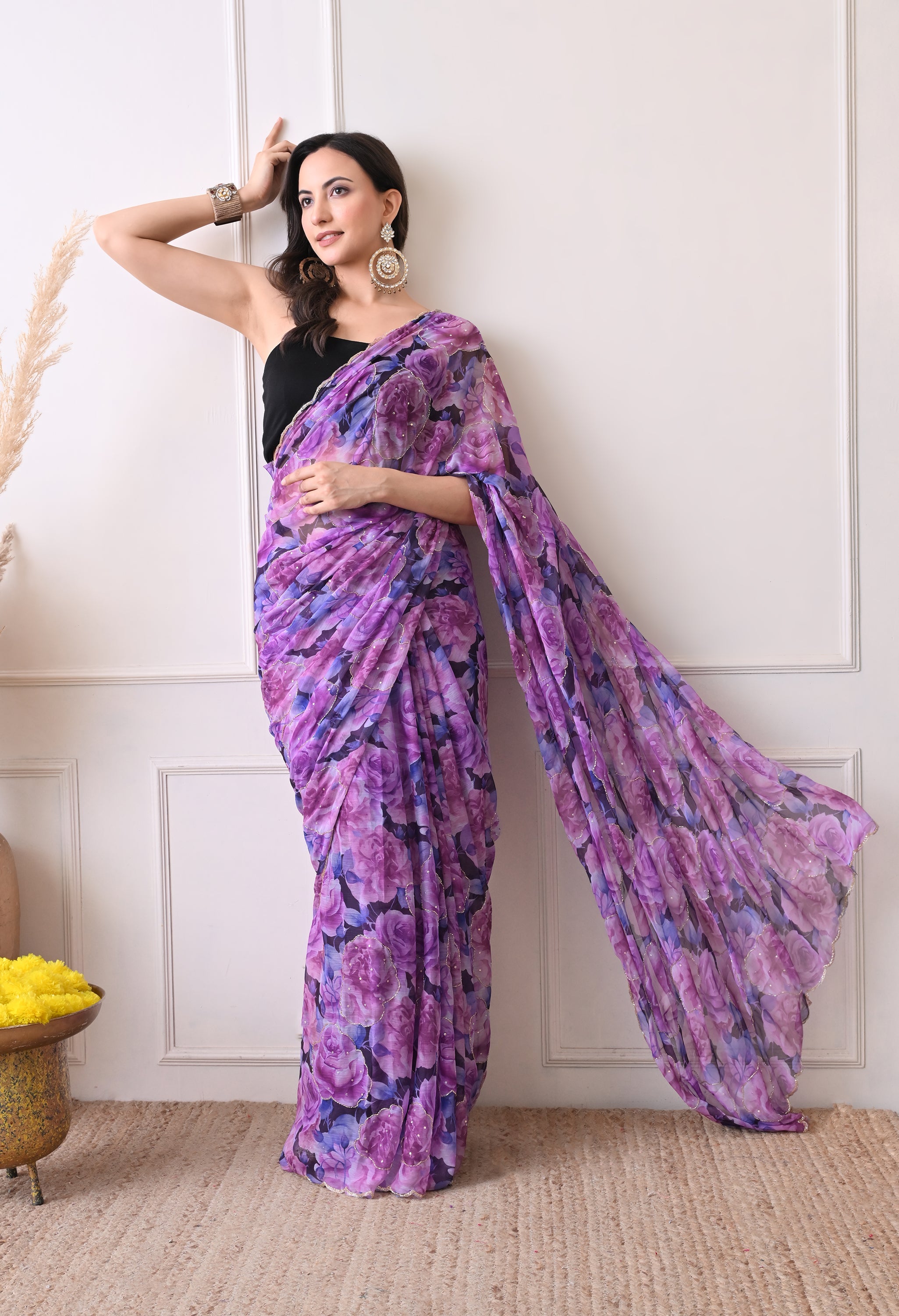 Digital Printed Purple Chiffon Saree