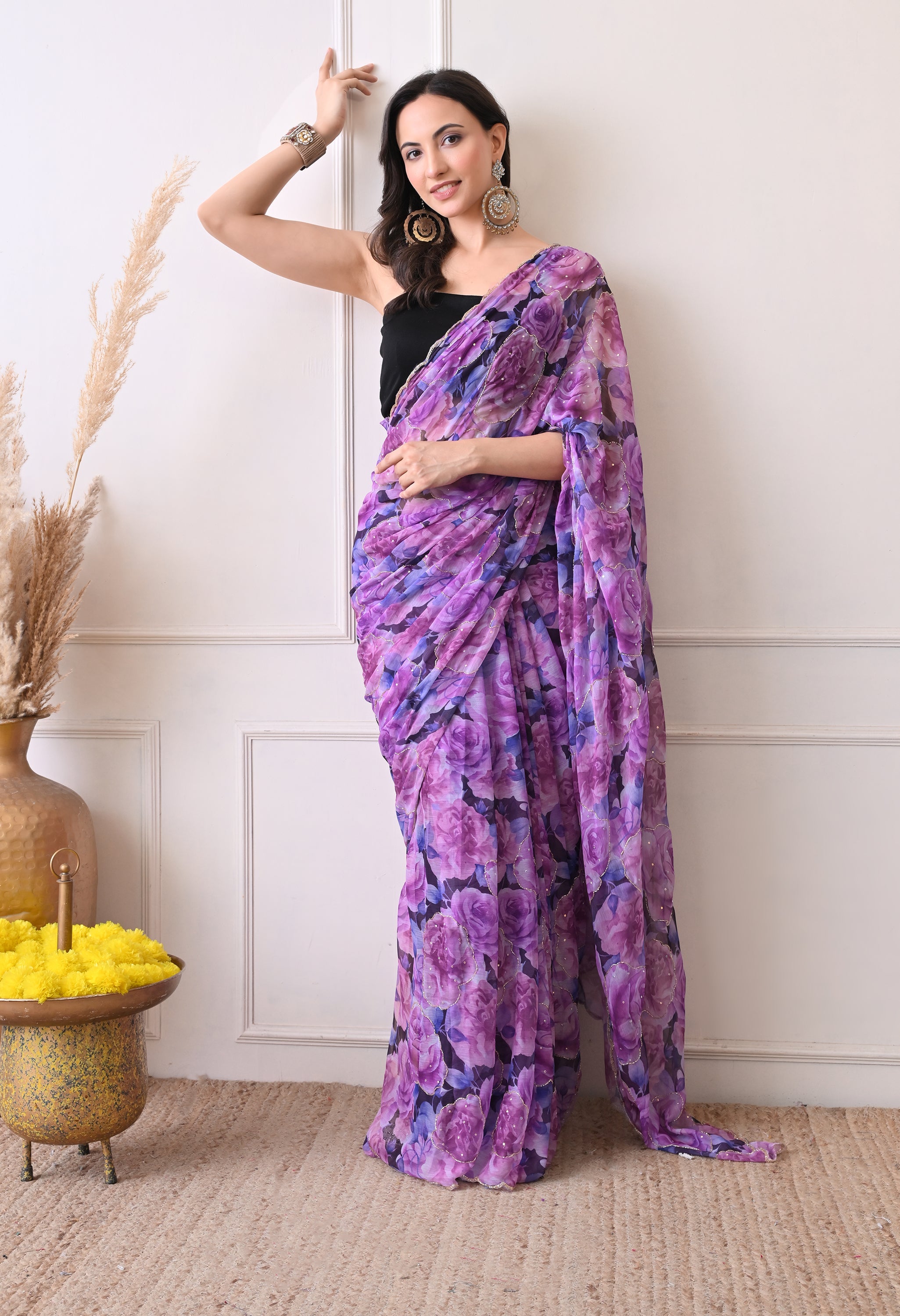 Digital Printed Purple Chiffon Saree