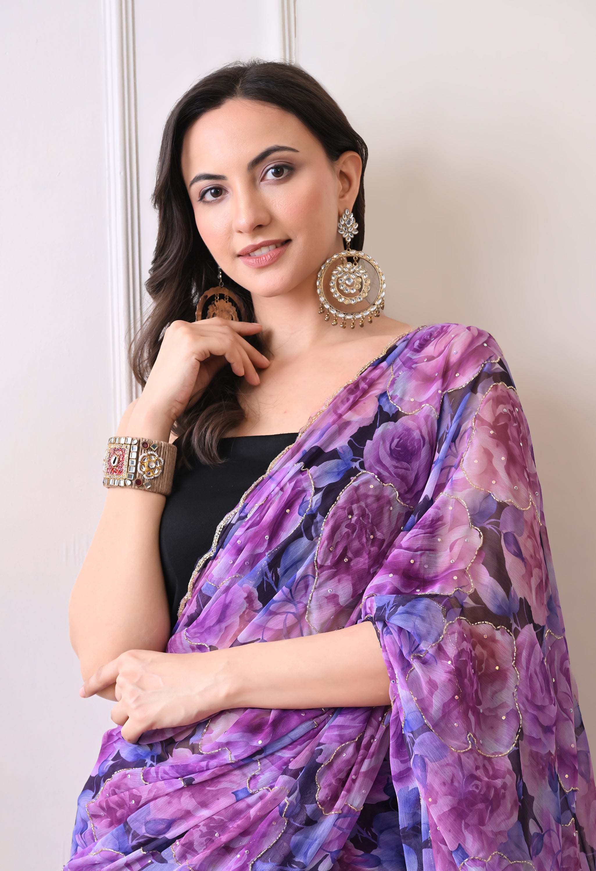 Digital Printed Purple Chiffon Saree