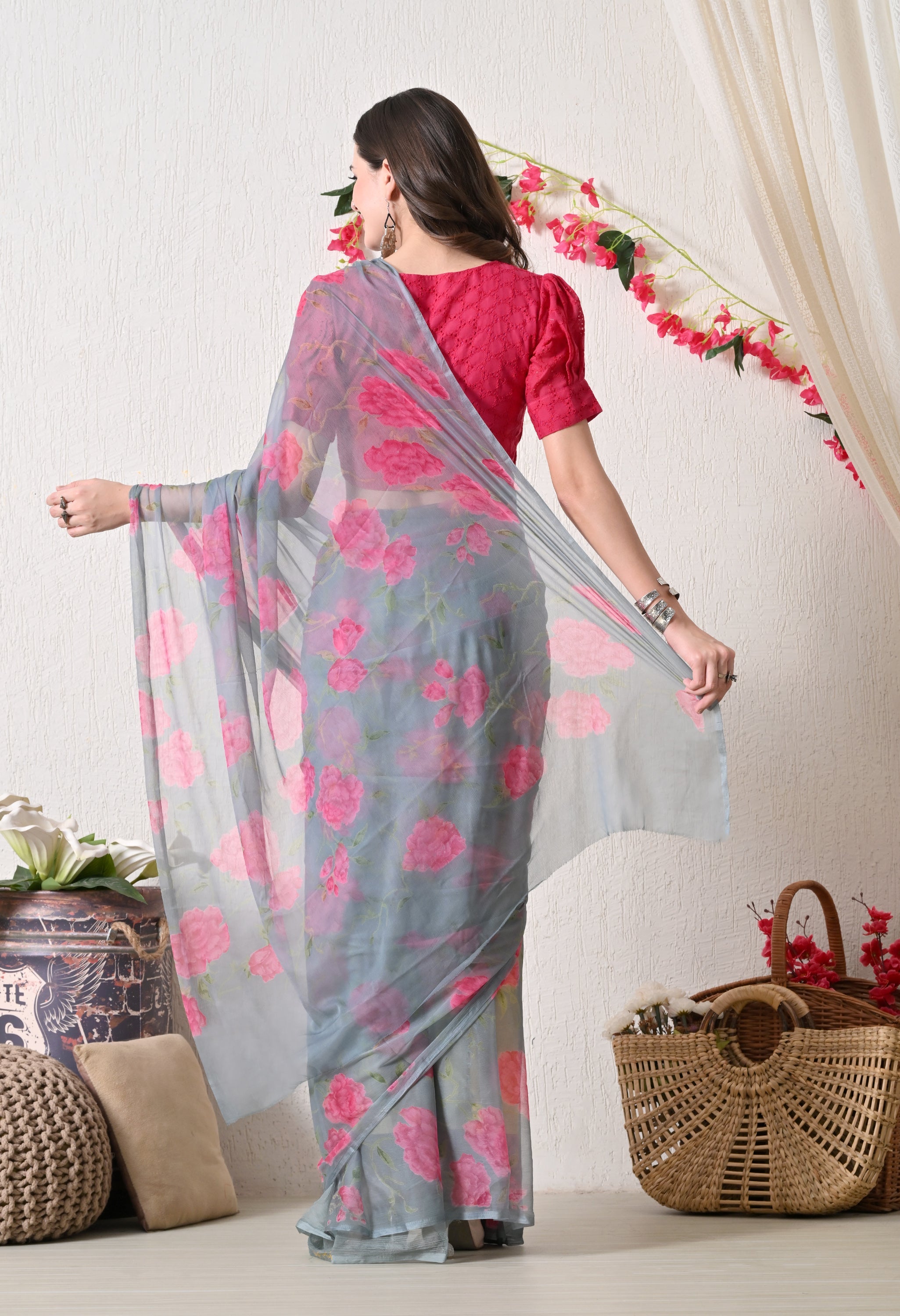 Grayscale Floral Printed Chiffon Saree