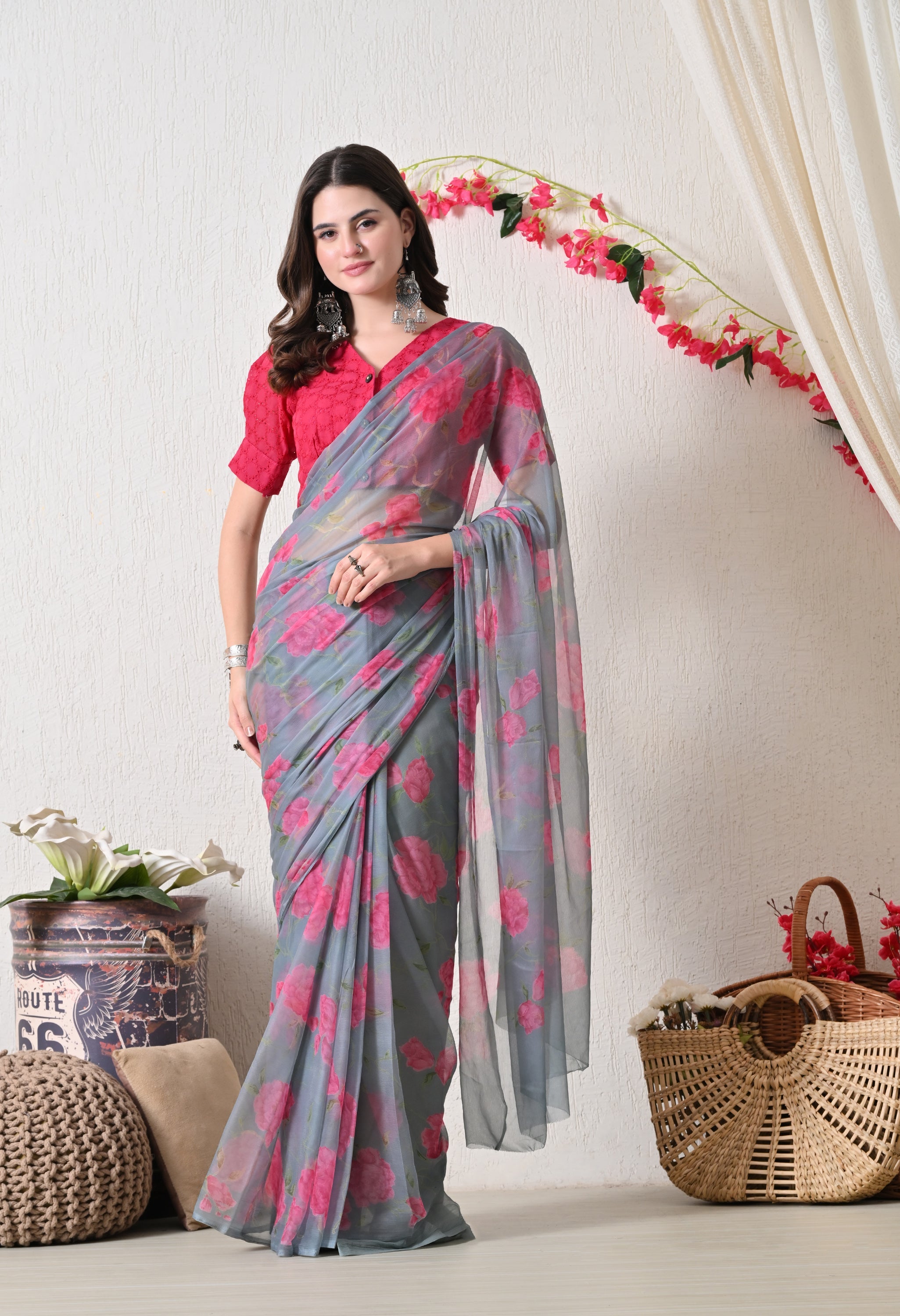 Grayscale Floral Printed Chiffon Saree