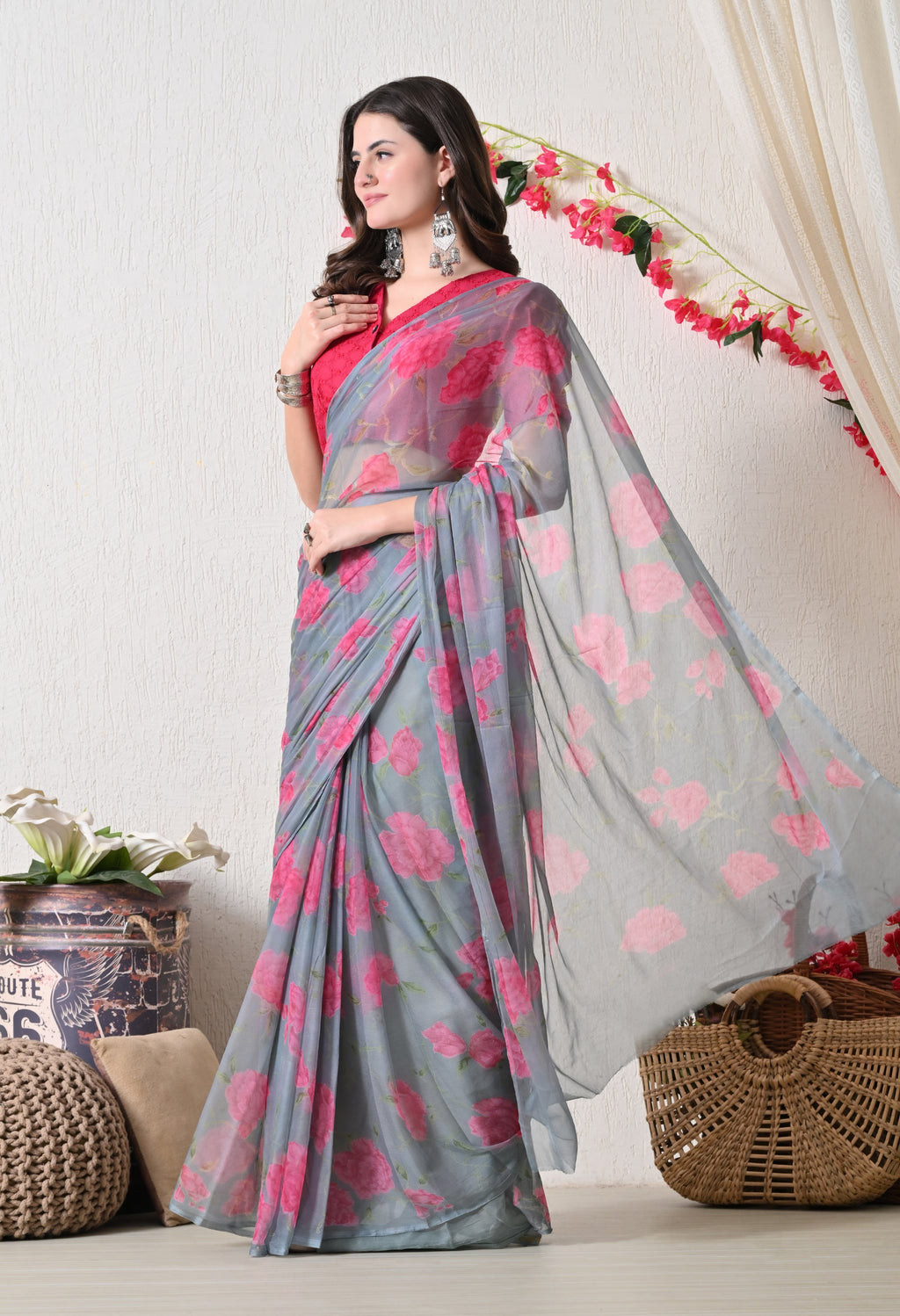 Grayscale Floral Printed Chiffon Saree
