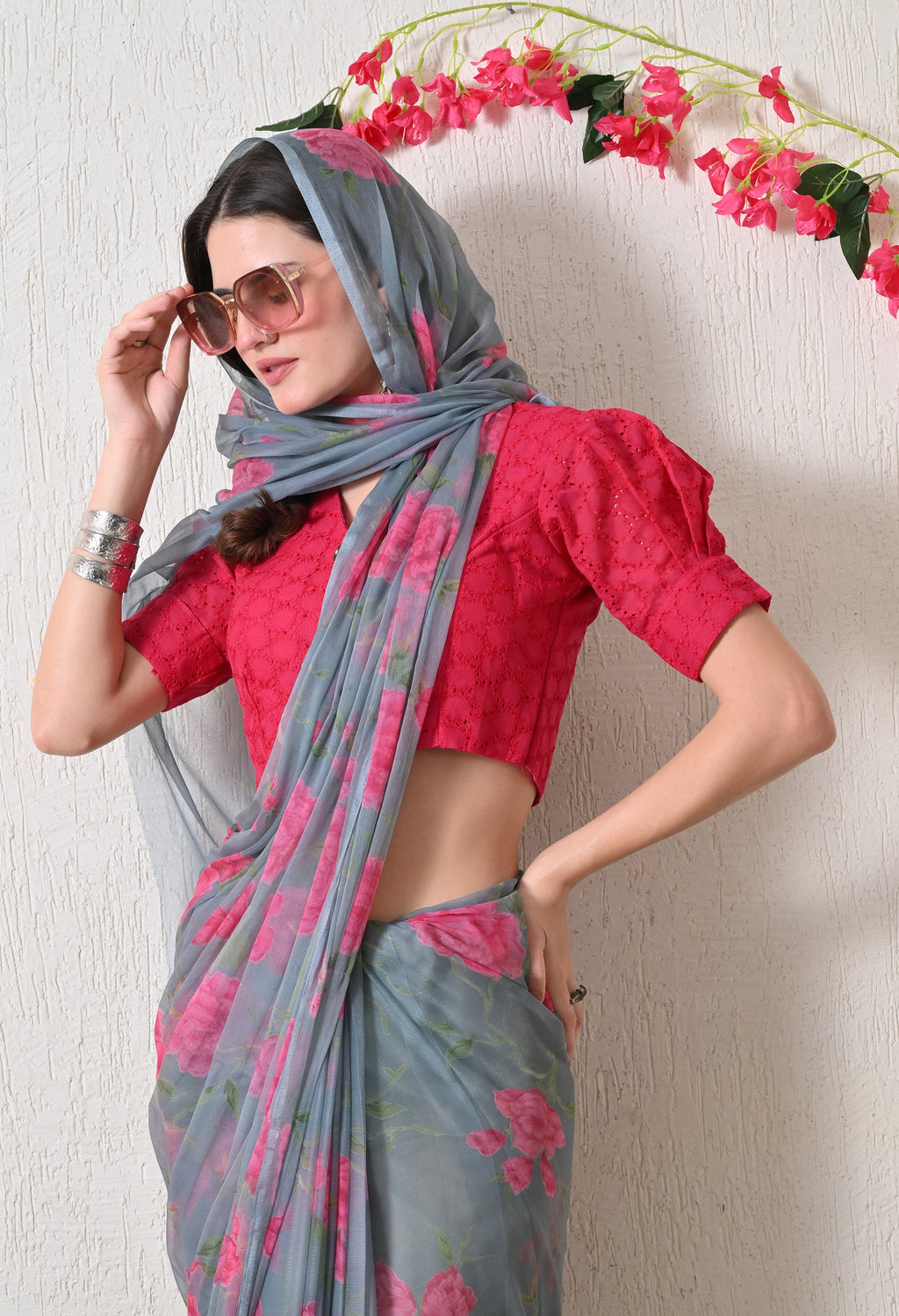 Grayscale Floral Printed Chiffon Saree