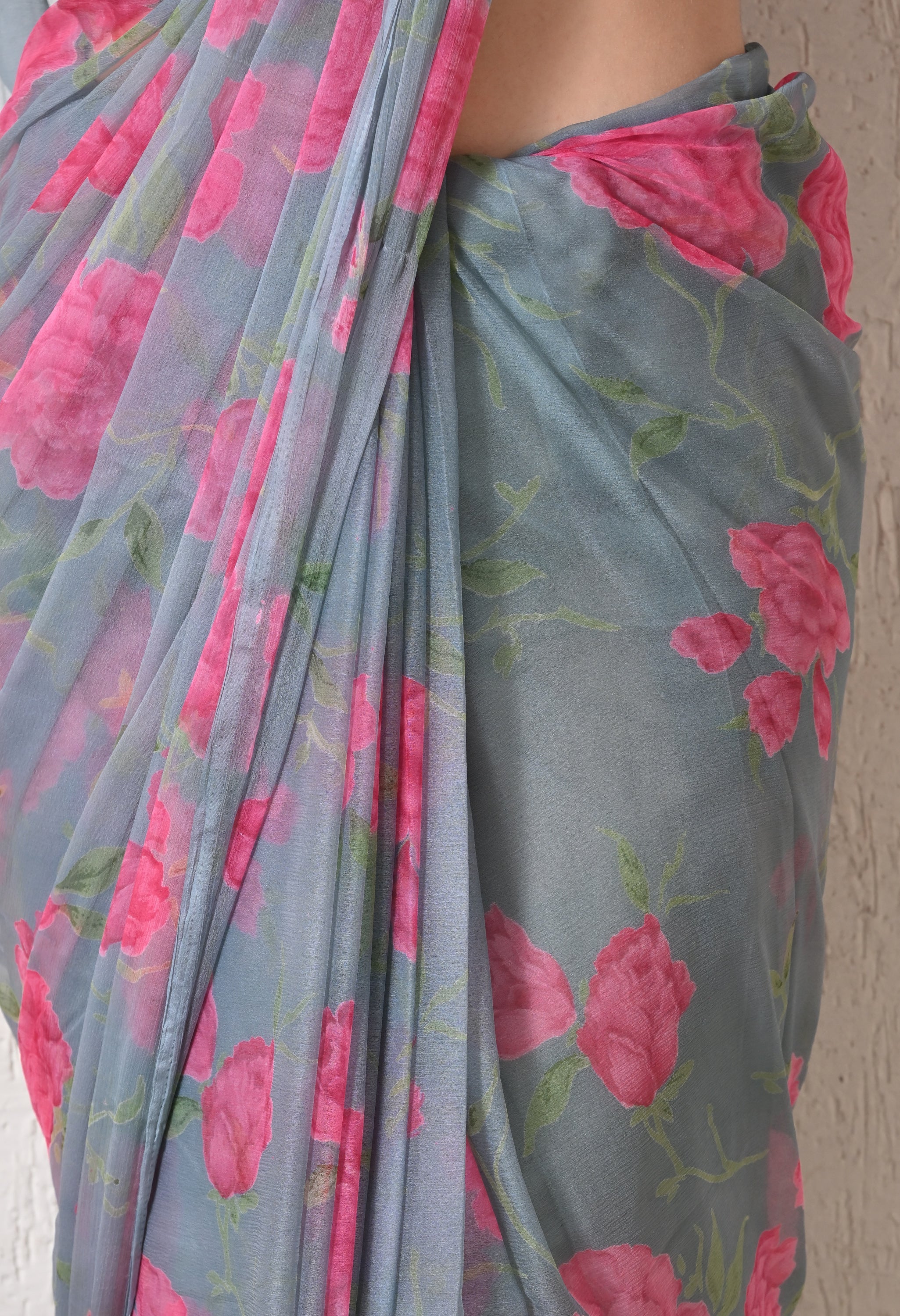 Grayscale Floral Printed Chiffon Saree