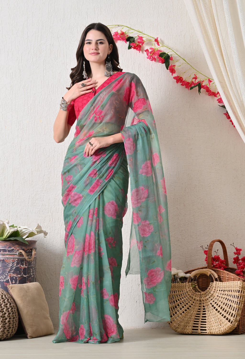 Fountain Green Floral Printed Chiffon Saree