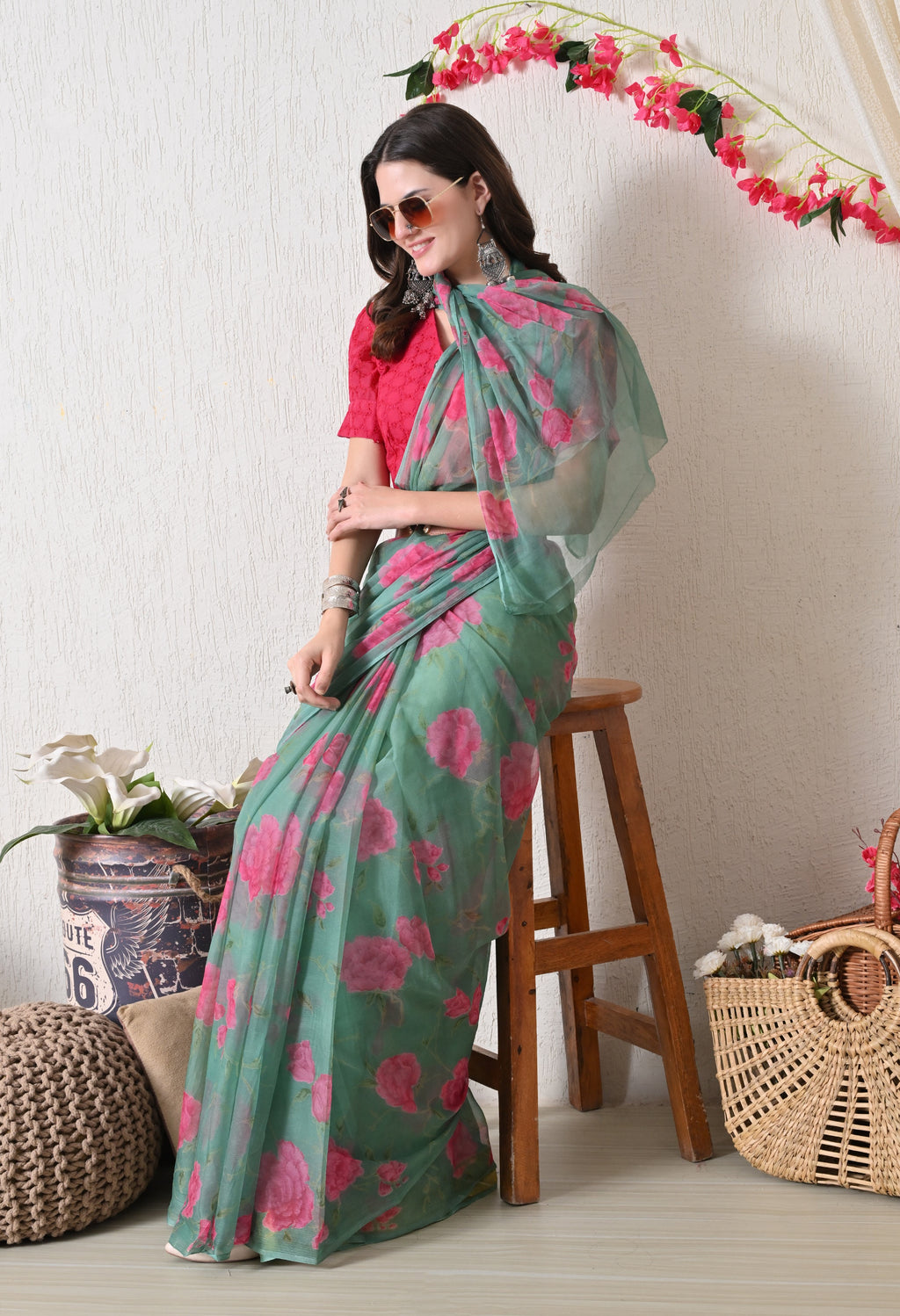 Fountain Green Floral Printed Chiffon Saree