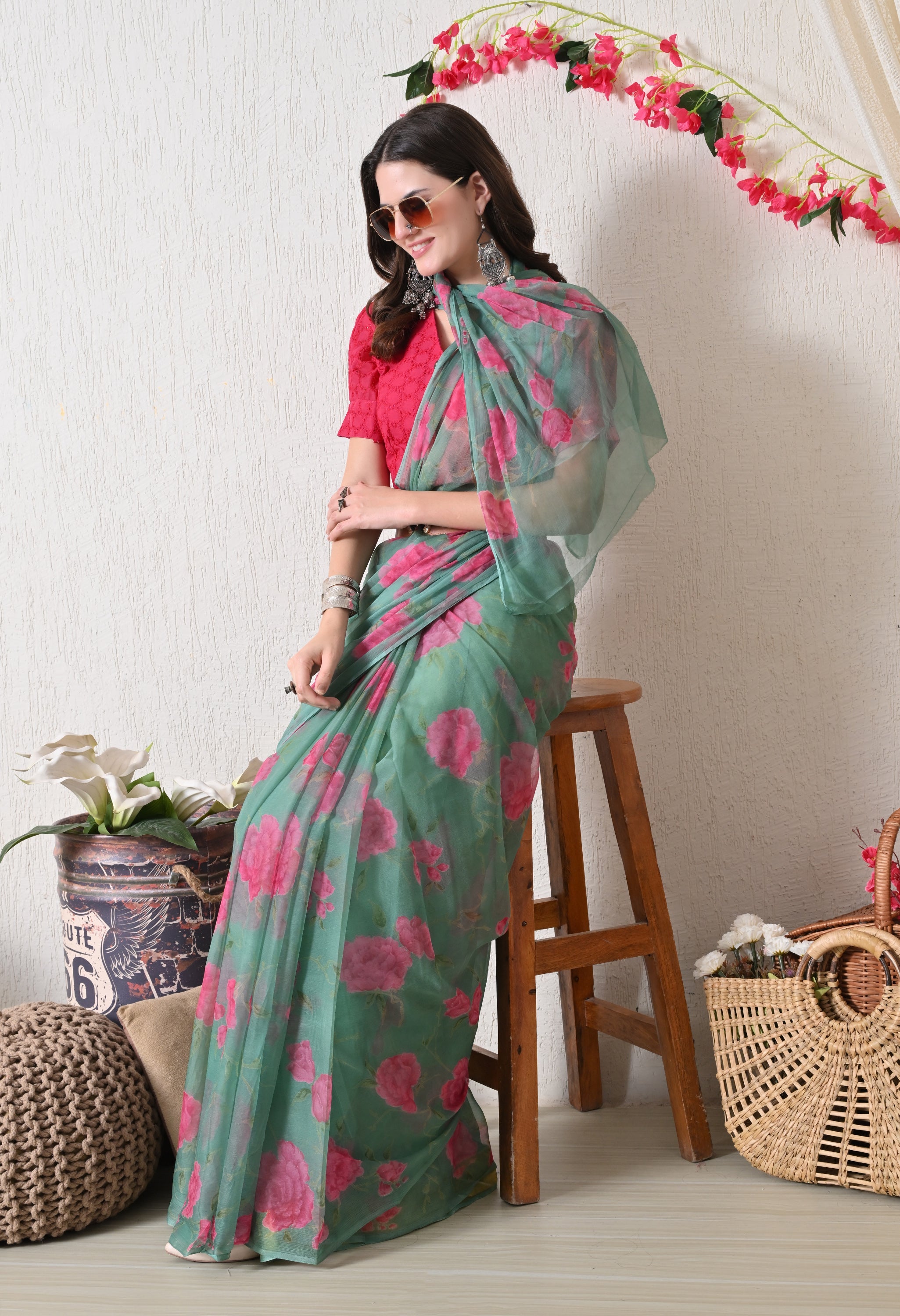 Fountain Green Floral Printed Chiffon Saree