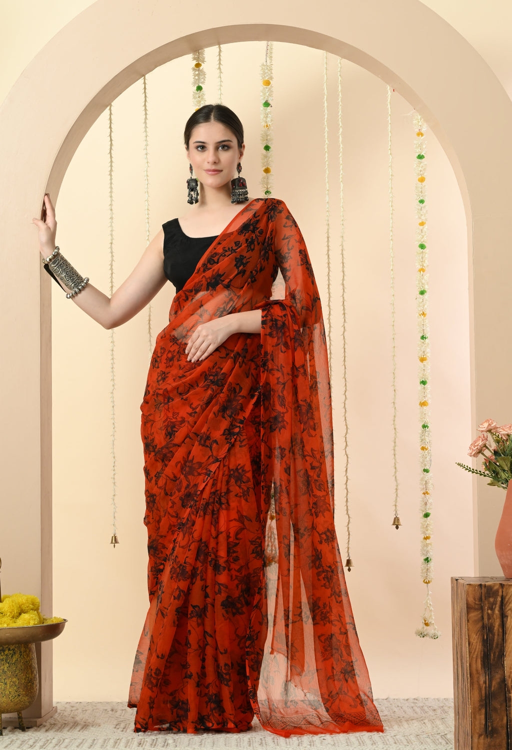Printed Orange Chiffon Saree