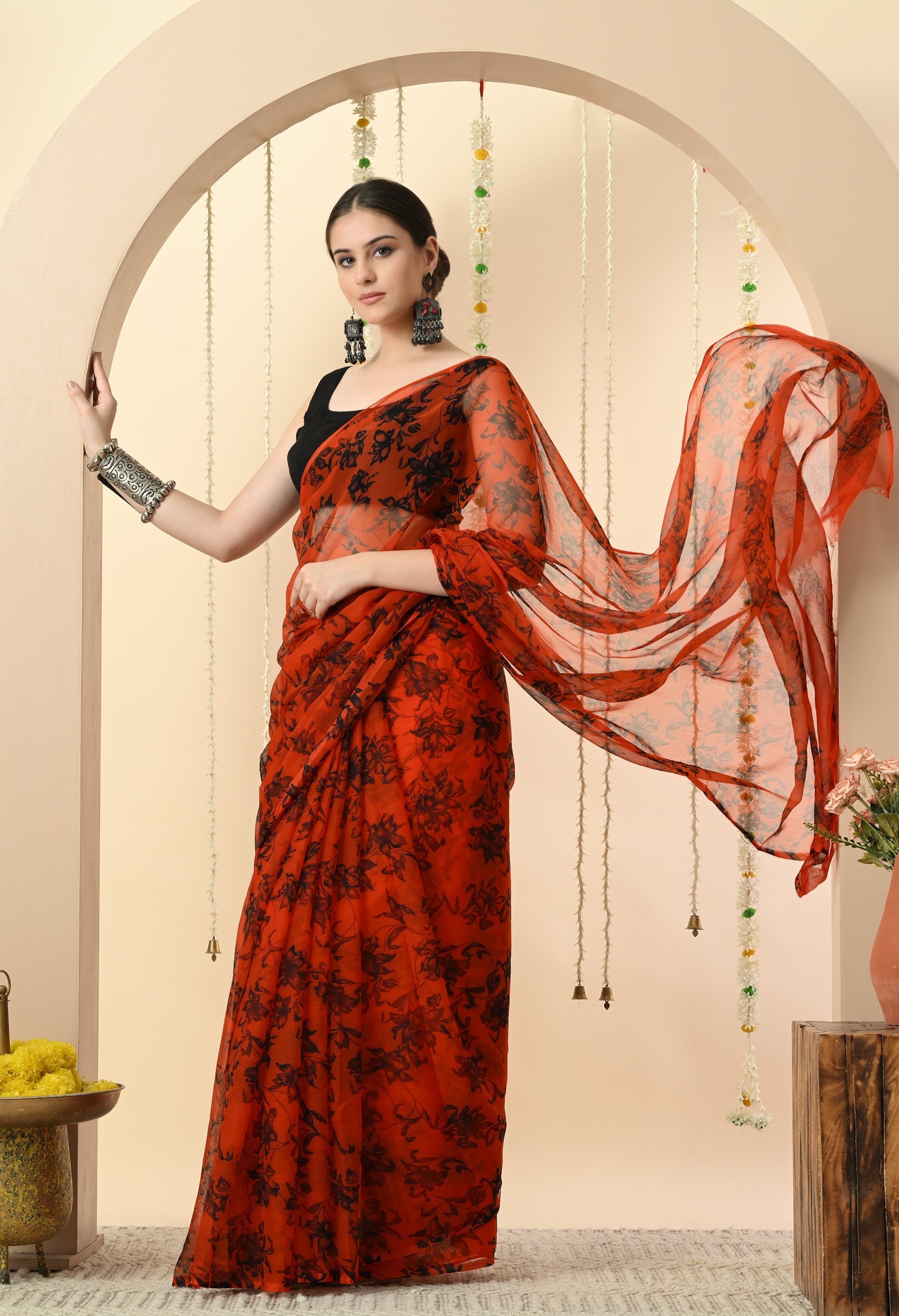 Printed Orange Chiffon Saree