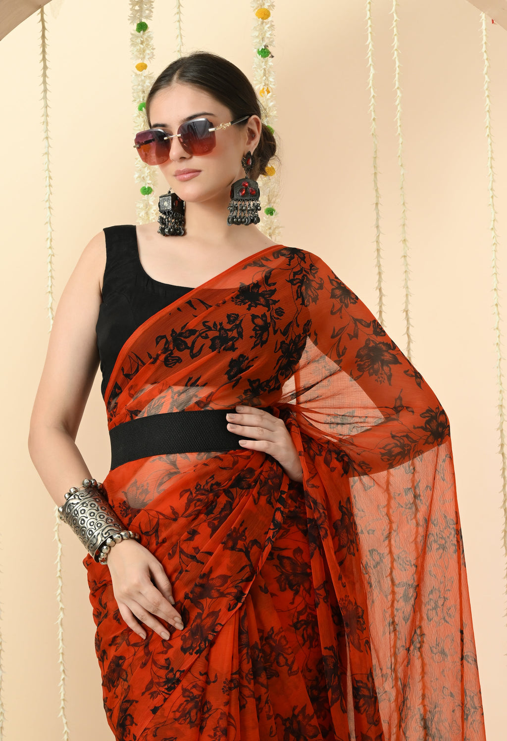 Printed Orange Chiffon Saree