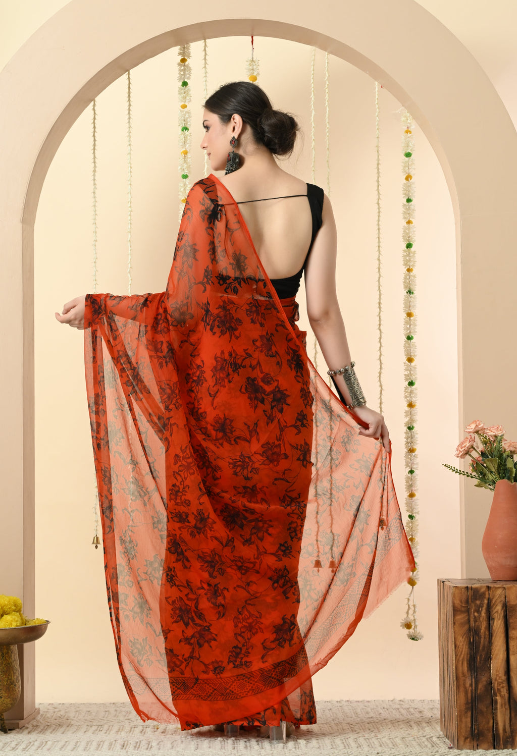 Printed Orange Chiffon Saree