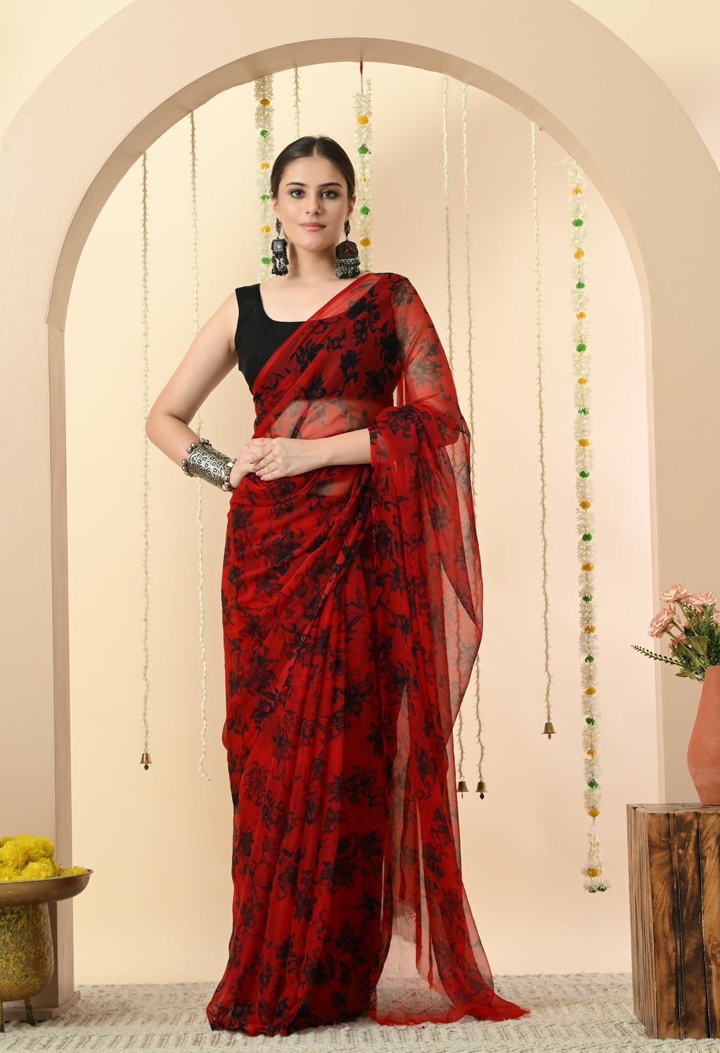 Printed Red Chiffon Saree
